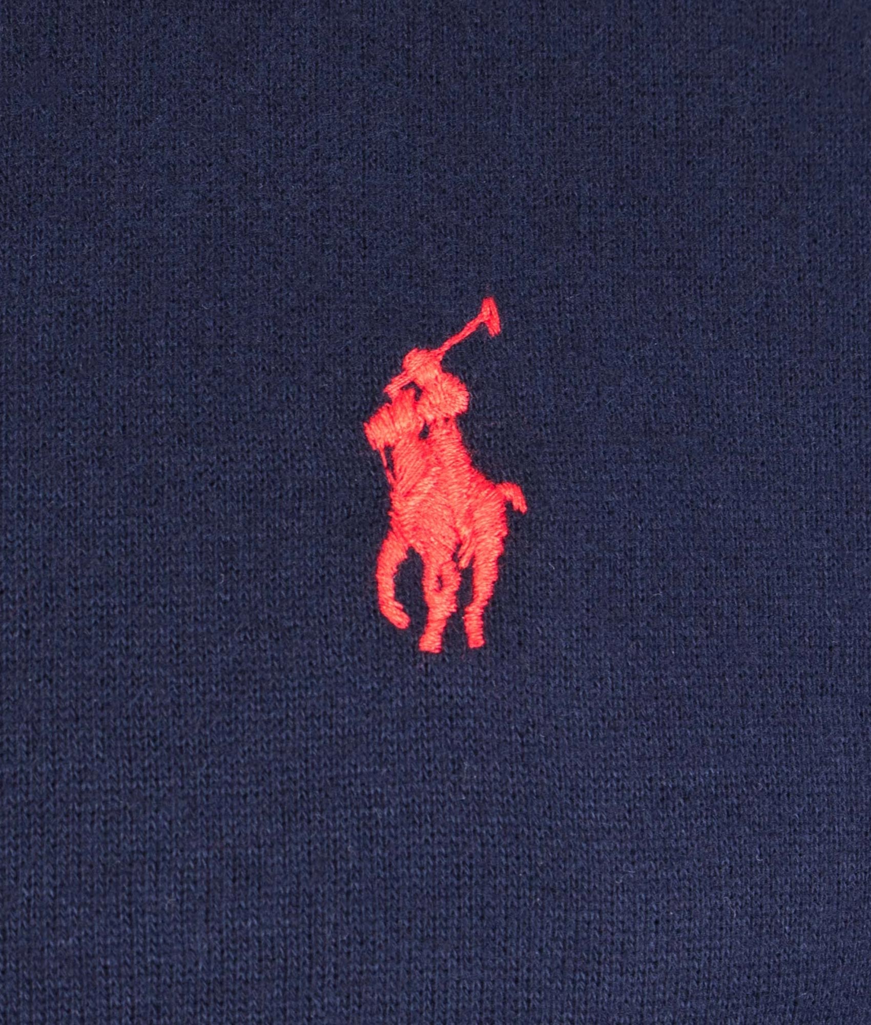 RL Fleece Sweatshirt in Cruise Navy at EQVVS Menswear. Detail shot.
