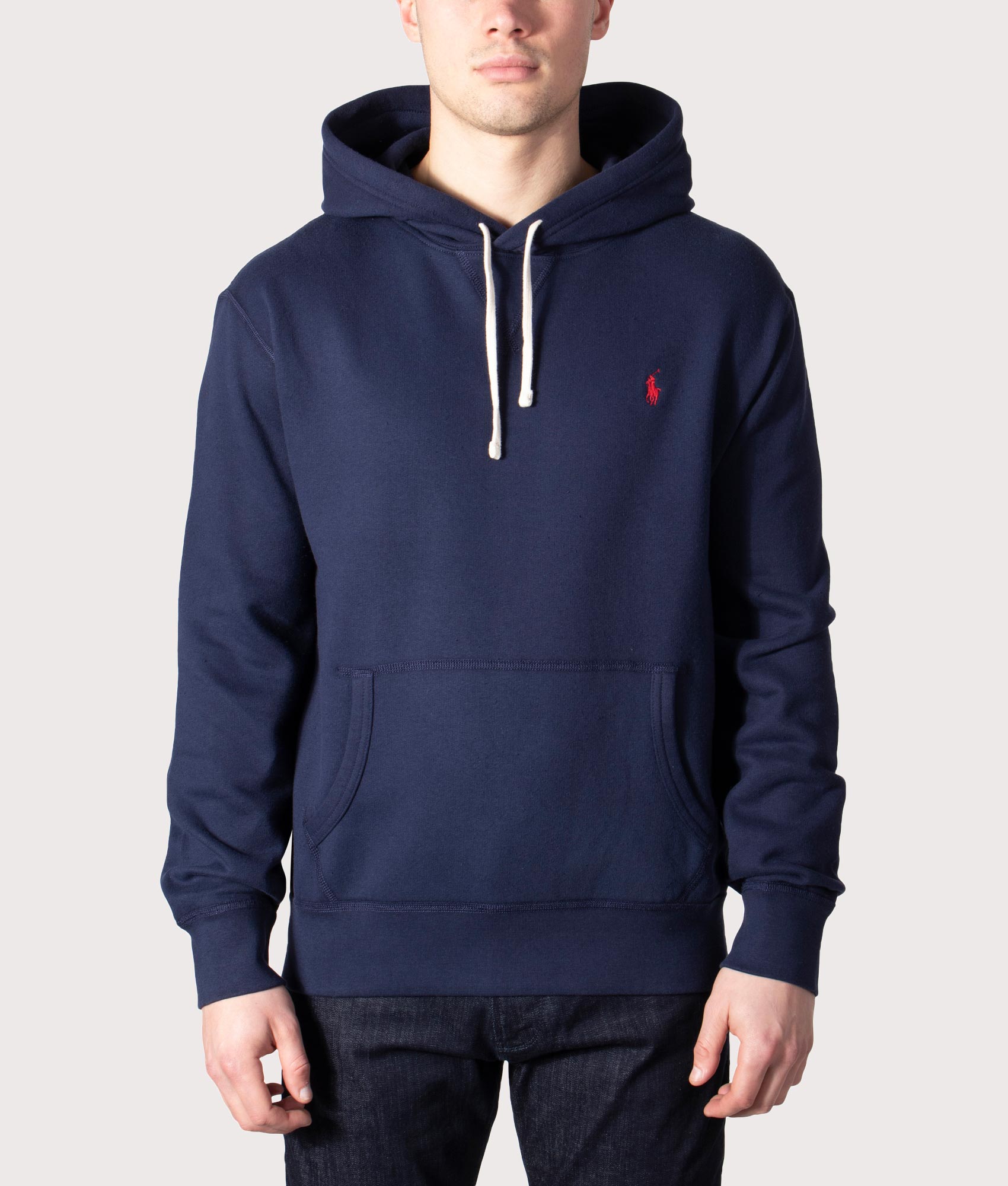 Relaxed Fit RL Fleece Hoodie in Cruise Navy at EQVVS Menswear. Model front shot.