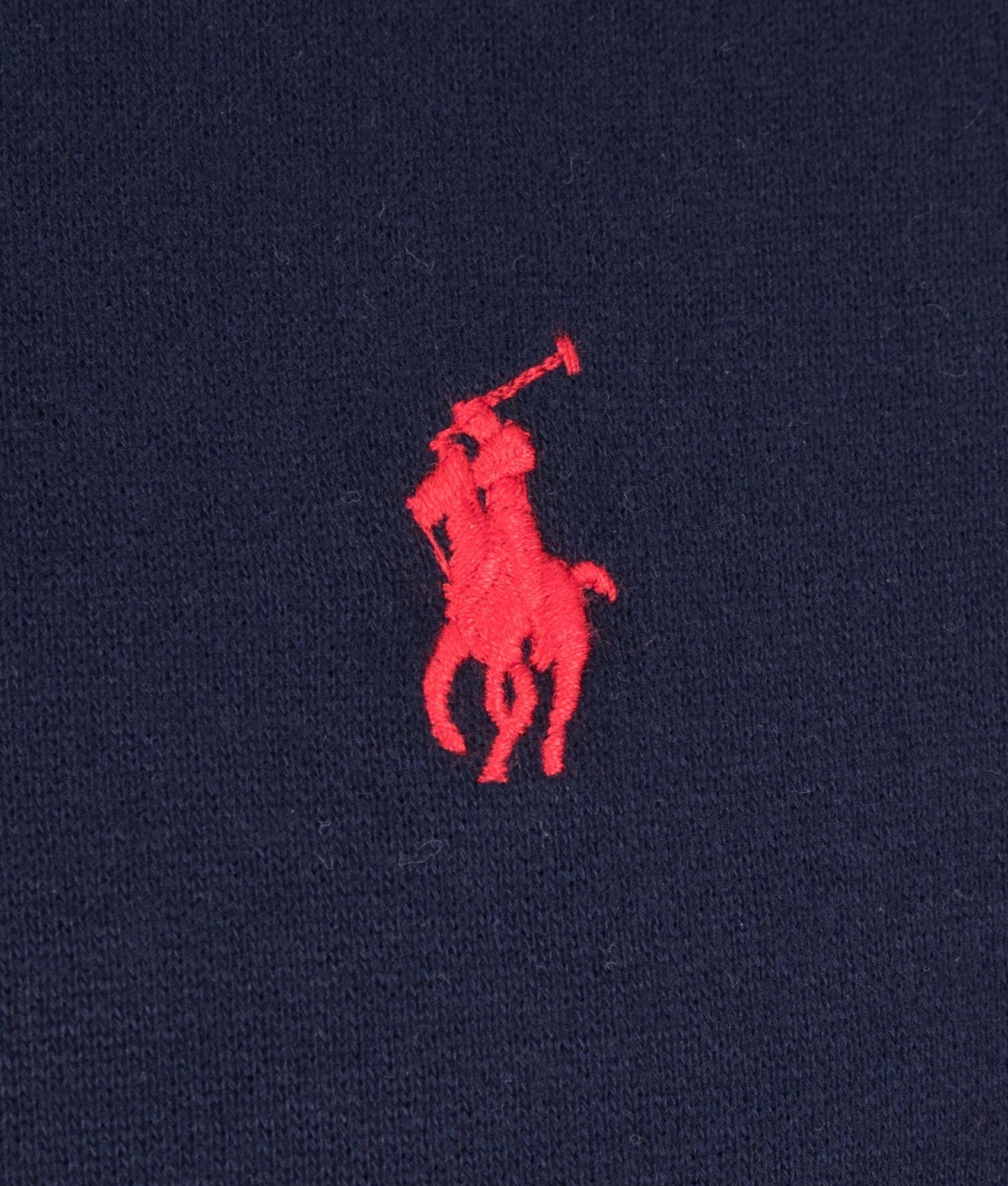 Relaxed Fit RL Fleece Hoodie in Cruise Navy at EQVVS Menswear. Detail shot.