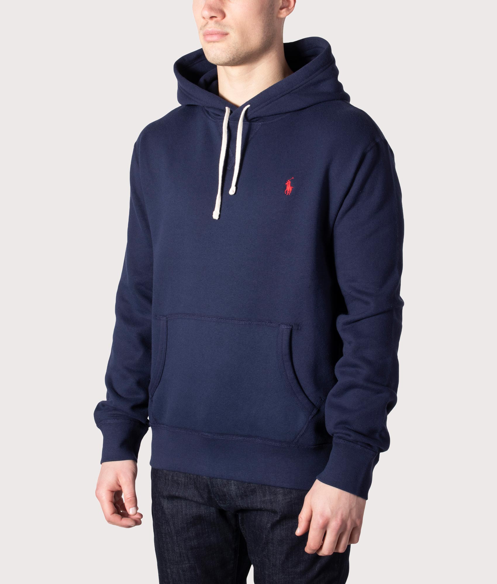 Relaxed Fit RL Fleece Hoodie in Cruise Navy at EQVVS Menswear. Angled front. 