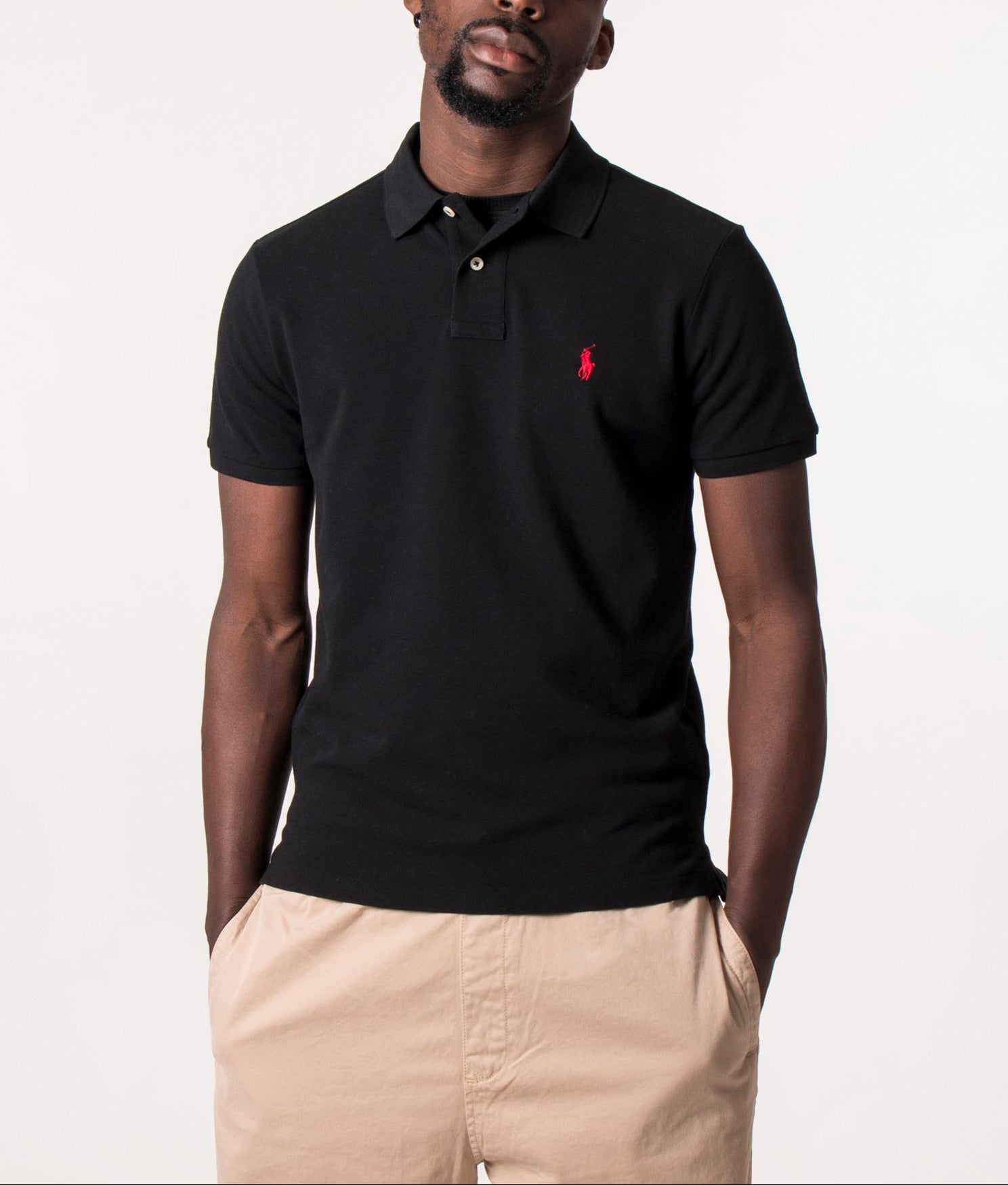 Custom Slim Fit Mesh Polo Shirt in Polo Black at EQVVS Menswear. Model front shot.