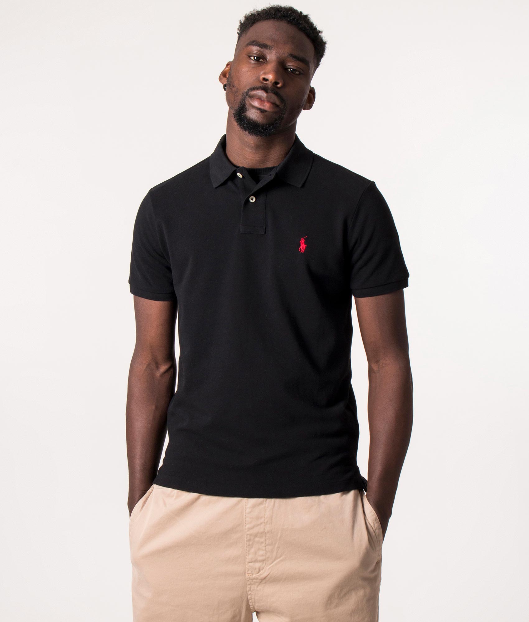 Custom Slim Fit Mesh Polo Shirt in Polo Black at EQVVS Menswear. Model front shot.