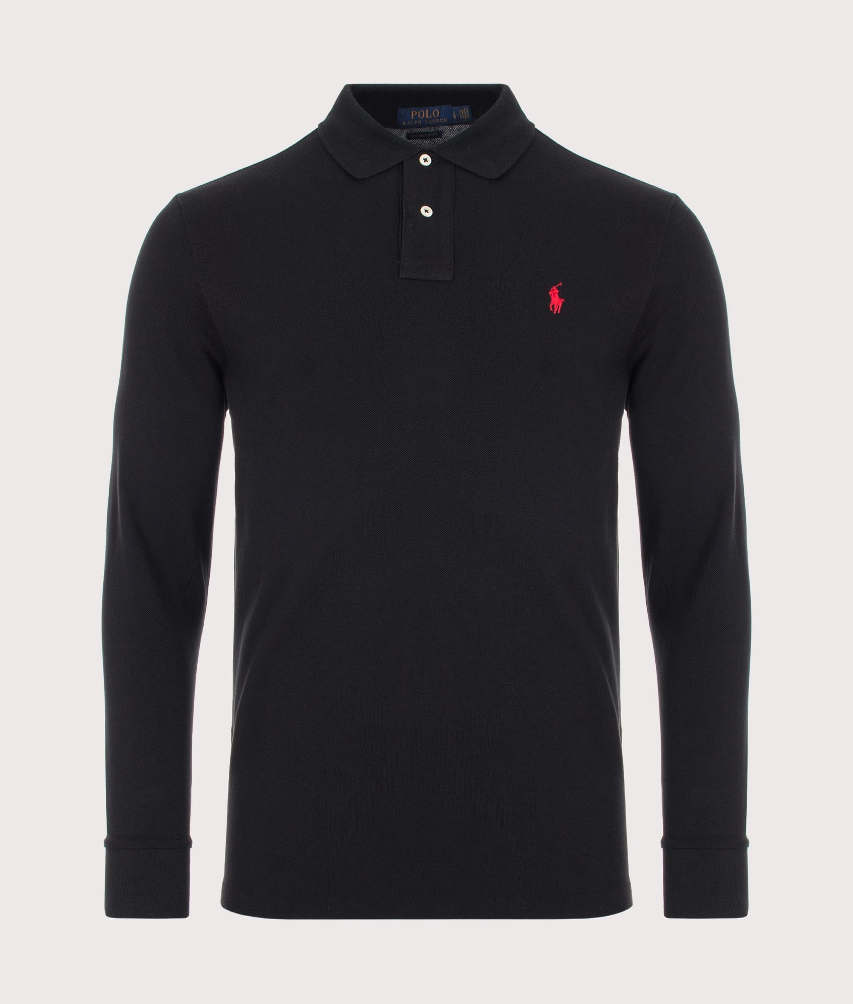 Polo Ralph Lauren Custom Slim Fit Long Sleeve Polo Shirt in Black at EQVVS Menswear. Front Shot.