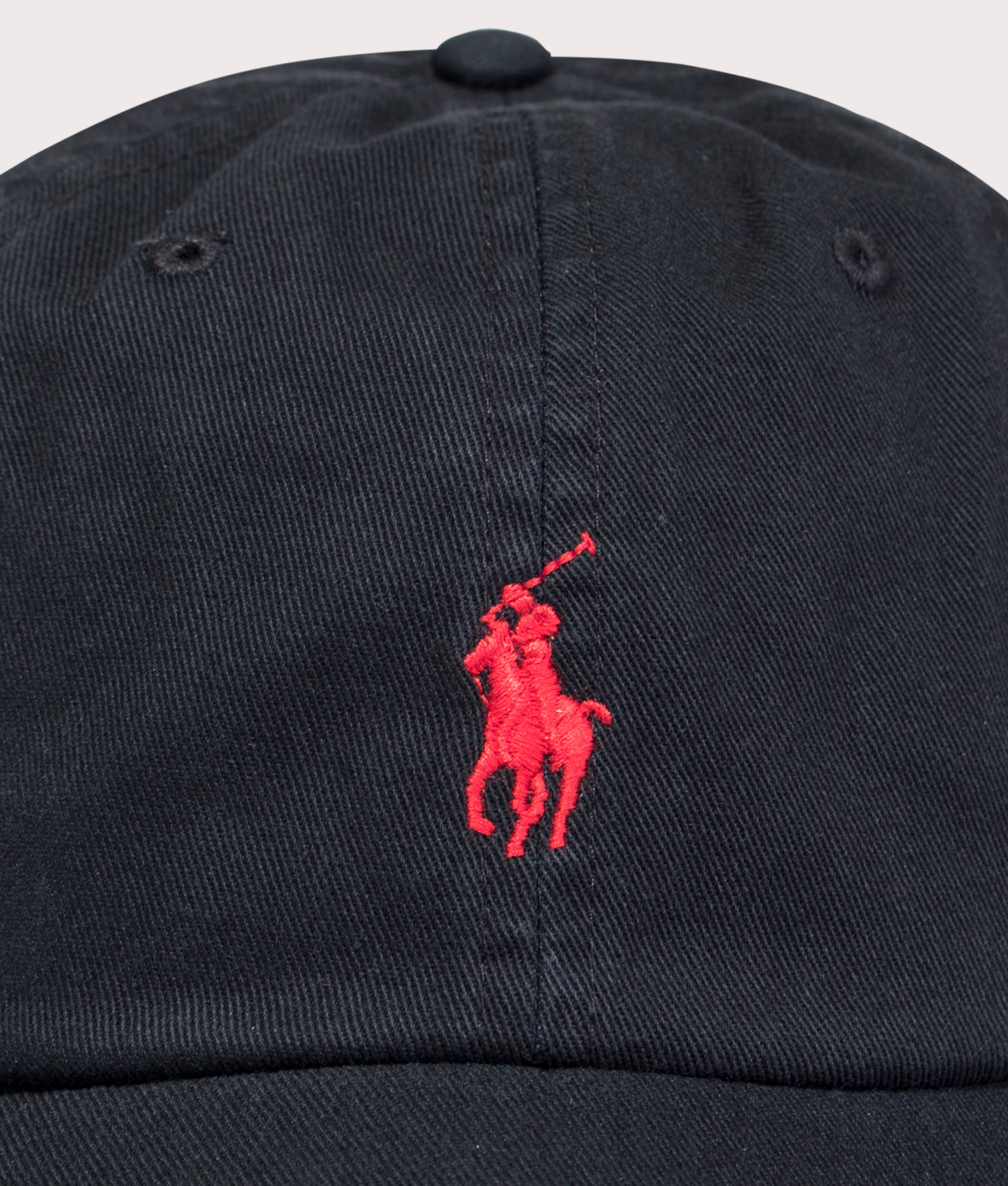 Polo Ralph Lauren Cotton Chino Baseball Cap in Polo Black at EQVVS Menswear. Detail shot.