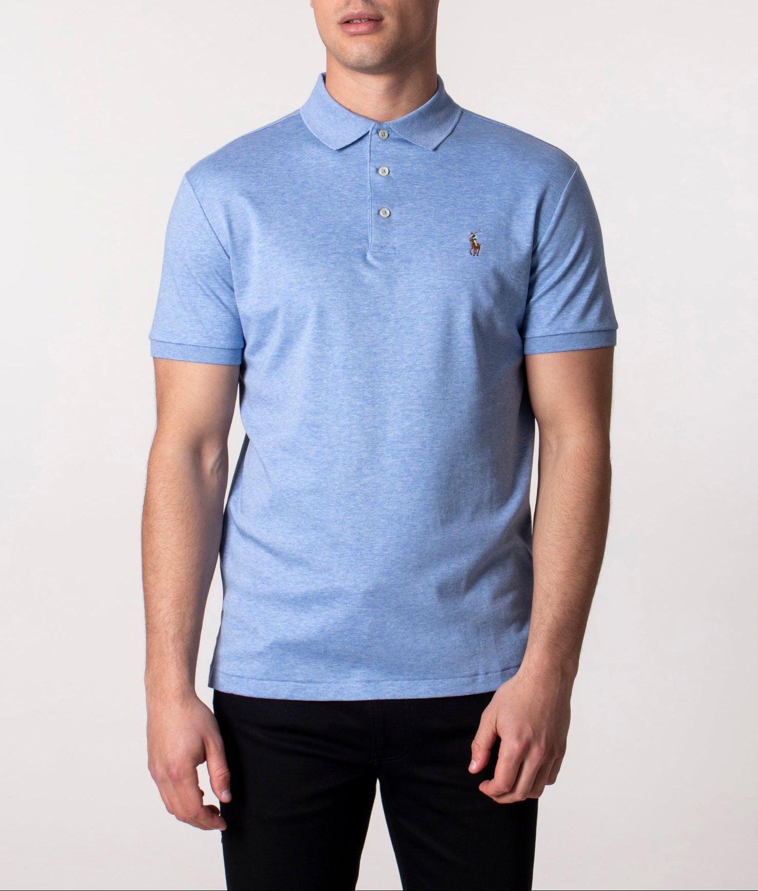 Polo Ralph Lauren Custom Slim Fit Soft Cotton Polo Shirt in Jamaica at EQVVS Menswear. Model front shot.