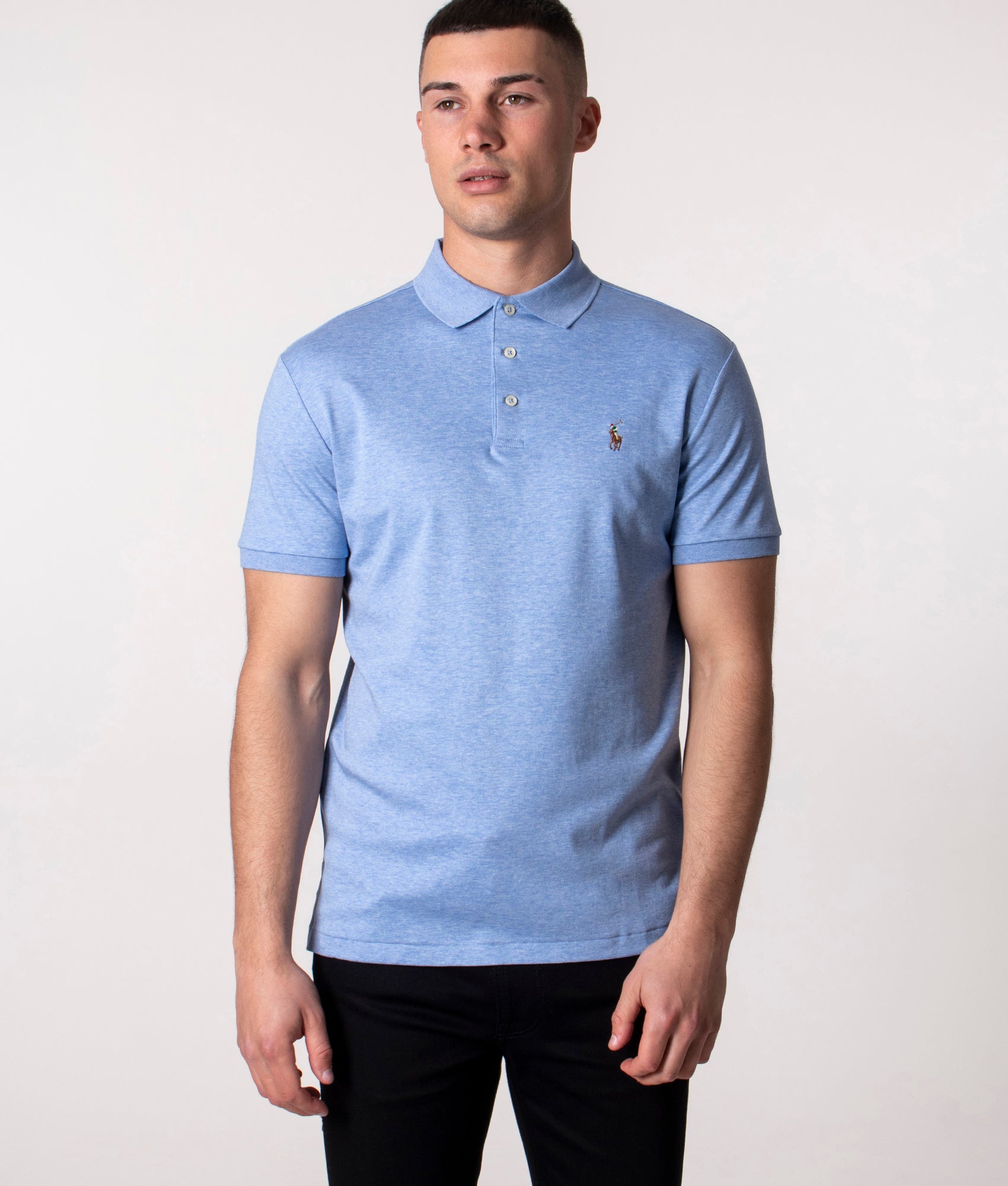 Polo Ralph Lauren Custom Slim Fit Soft Cotton Polo Shirt in Jamaica at EQVVS Menswear. Model front shot.