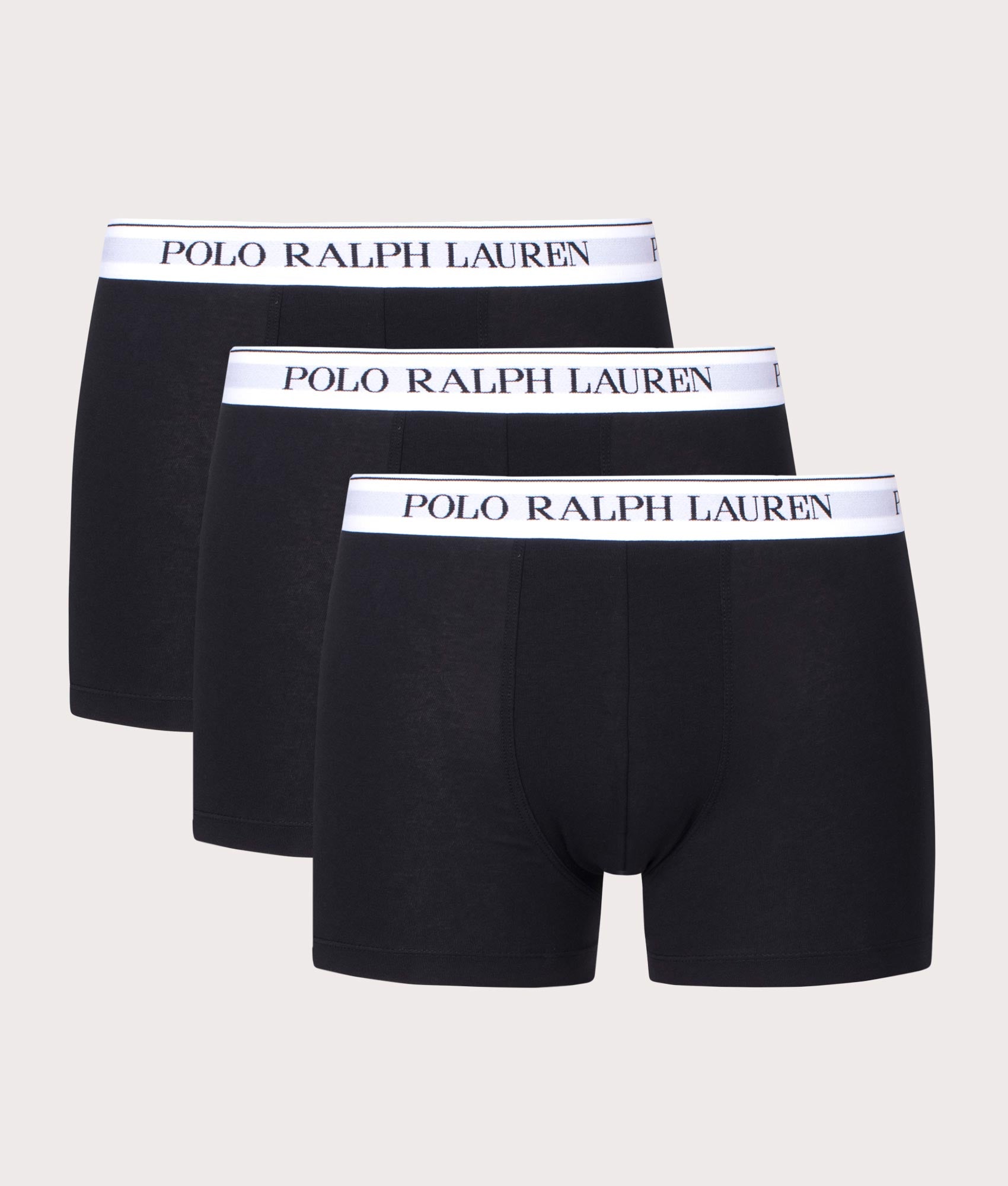 Polo Ralph Lauren Three Pack Classic Stretch Cotton Trunks in Multi, Black and White at EQVVS Menswear. Front shot.