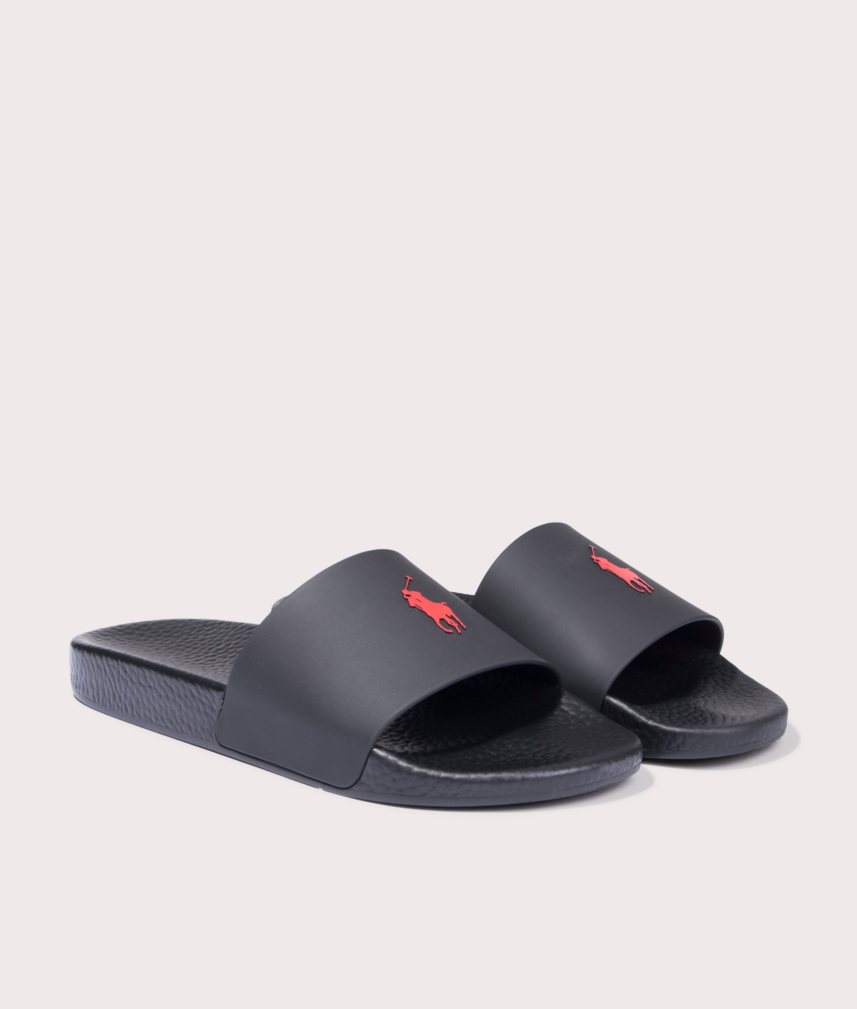 Polo Ralph Lauren EVA Polo Sliders in Black and Red PP at EQVVS Menswear. Angled front shot.