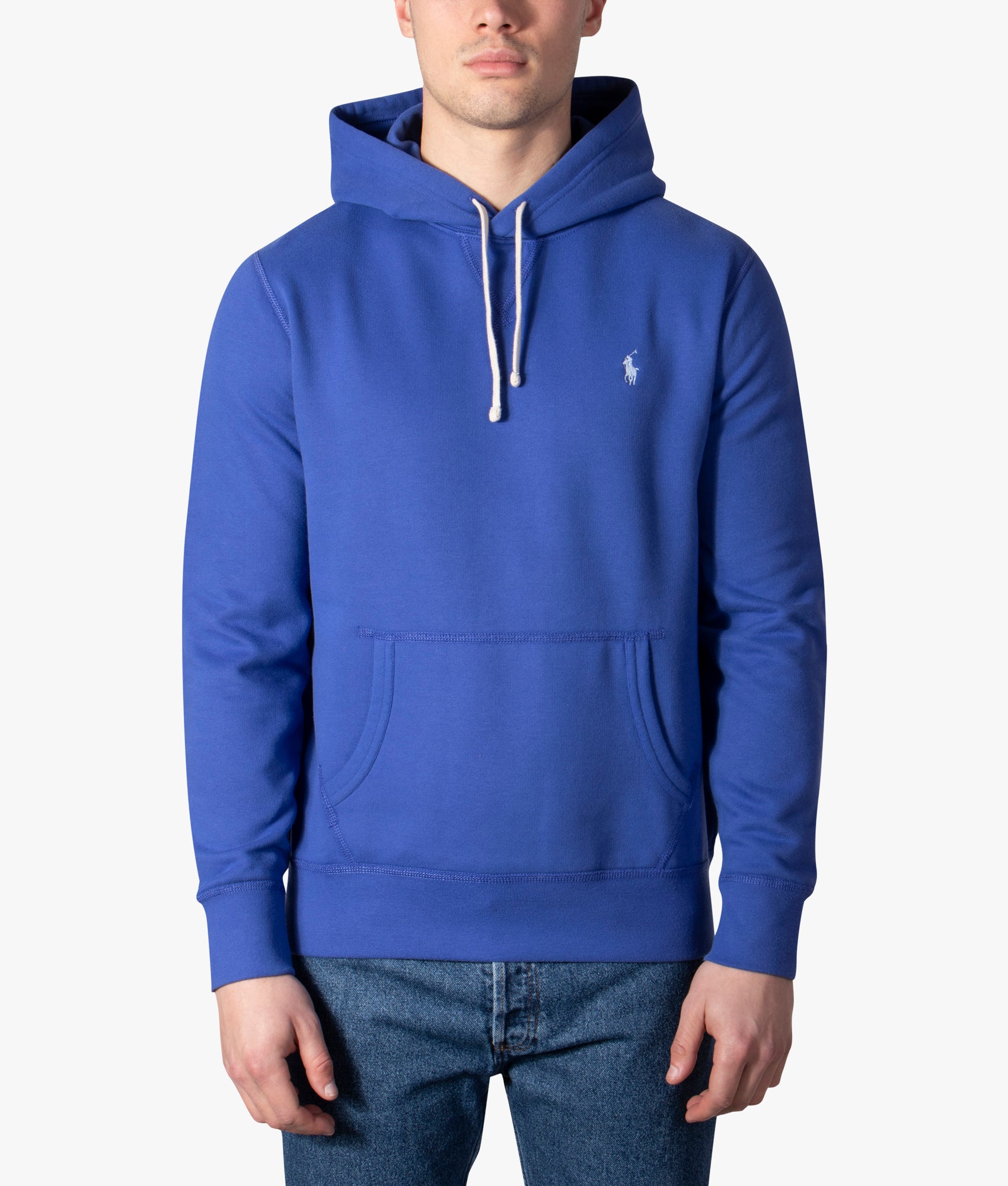Polo Ralph Lauren Fleece Hoodie in Liberty Blue at EQVVS. Model, front. 