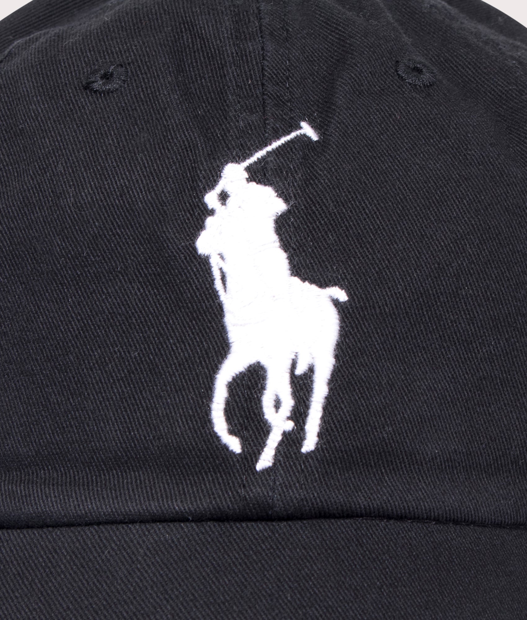 Polo Ralph Lauren Big Pony Chino Baseball Cap in RL Black at EQVVS Menswear. Detail shot.