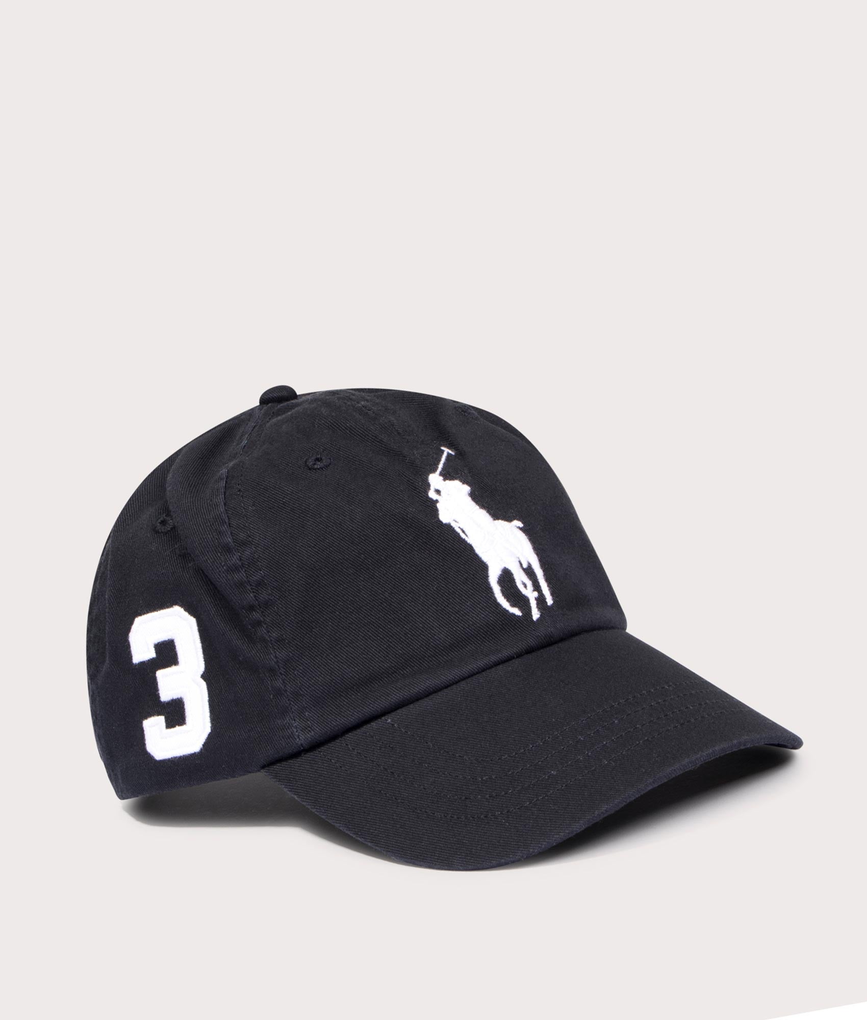 Polo Ralph Lauren Big Pony Chino Baseball Cap in RL Black at EQVVS Menswear. Angled front shot.