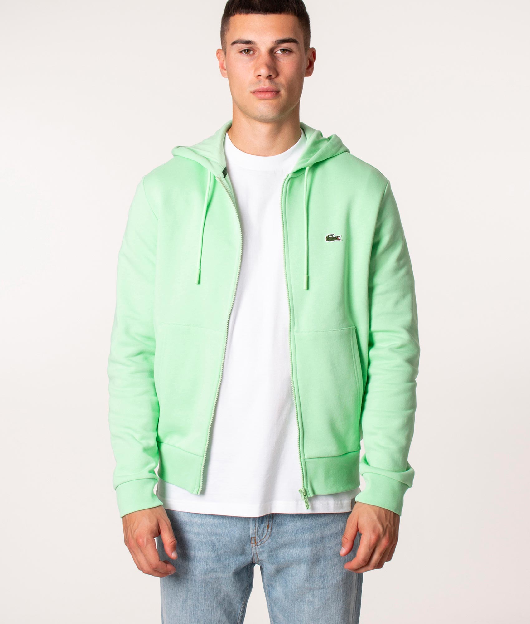 Lacoste Zip Through Logo Hoodie in Ash at EQVVS, Model front 2