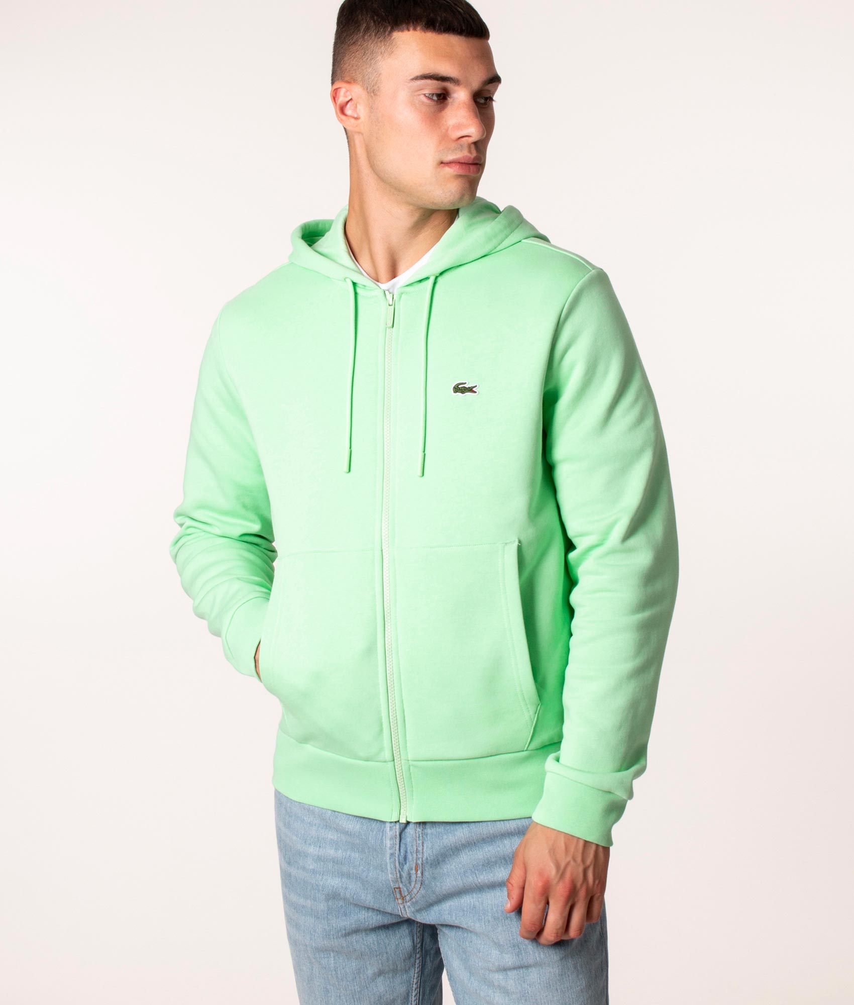 Lacoste Zip Through Logo Hoodie in Ash at EQVVS, Model front