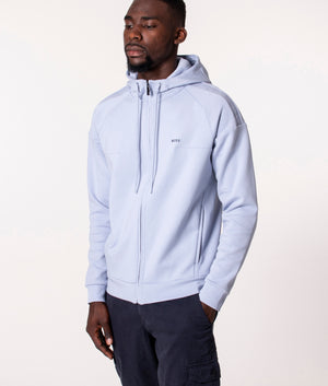 BOSS Saggy Zip Through Hoodie in Open Blue at EQVVS, Model Front Angle