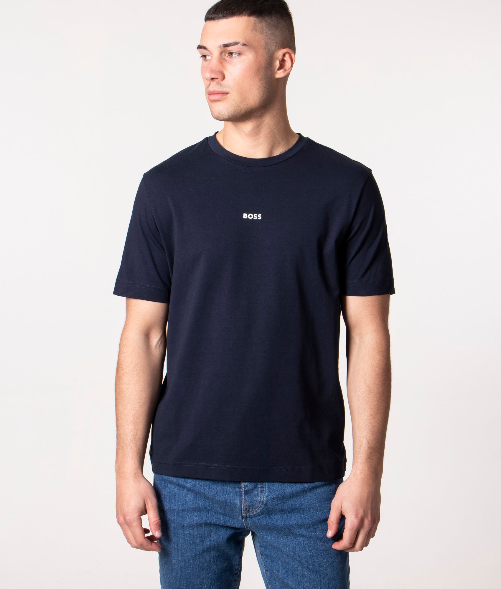 BOSS Relaxed Fit TChup T-Shirt in Dark Blue at EQVVS Menswear. Model shot.