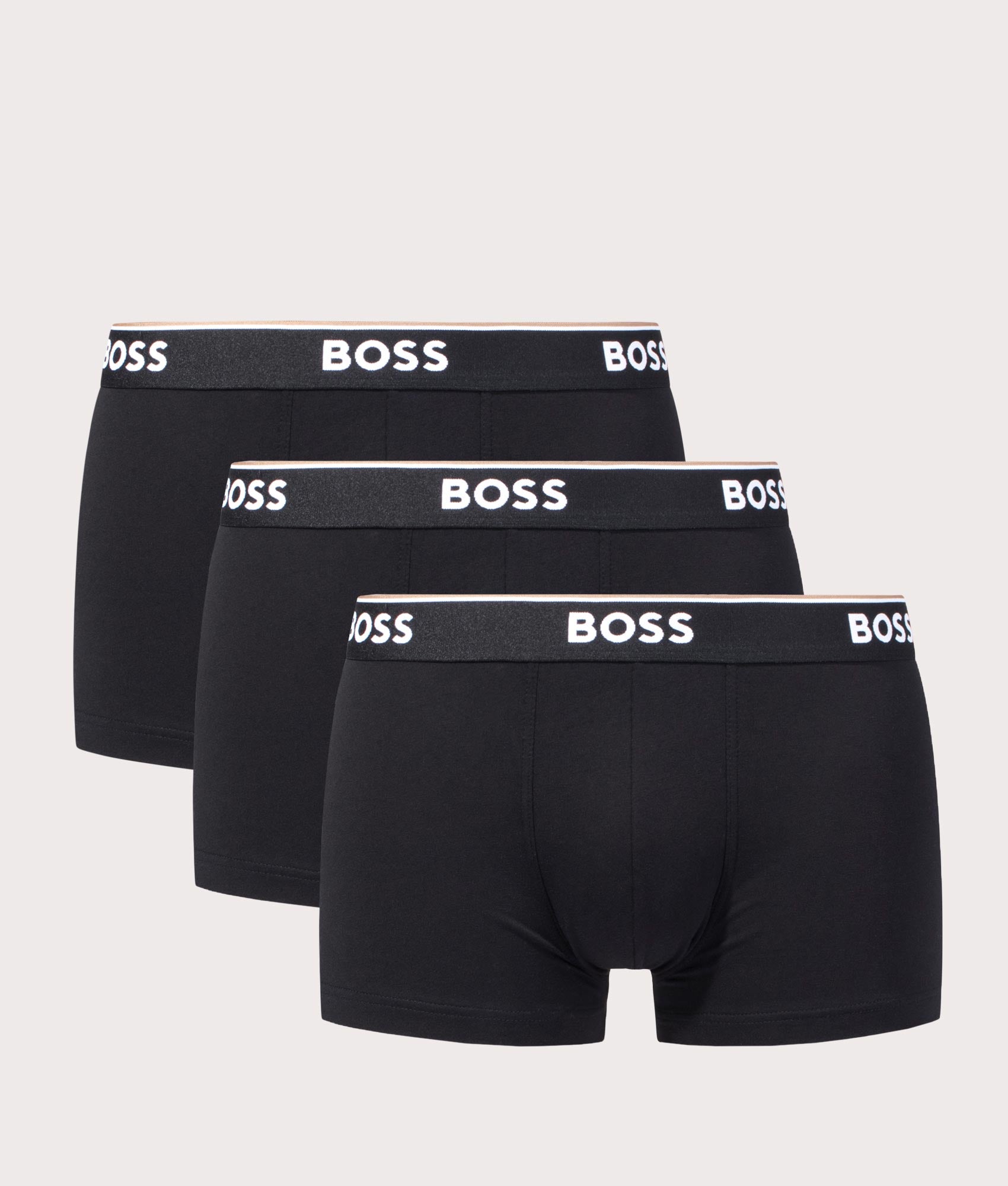 Boss Three Pack Regular Fit Power Trunks in Black at EQVVS Menswear. Front shot.