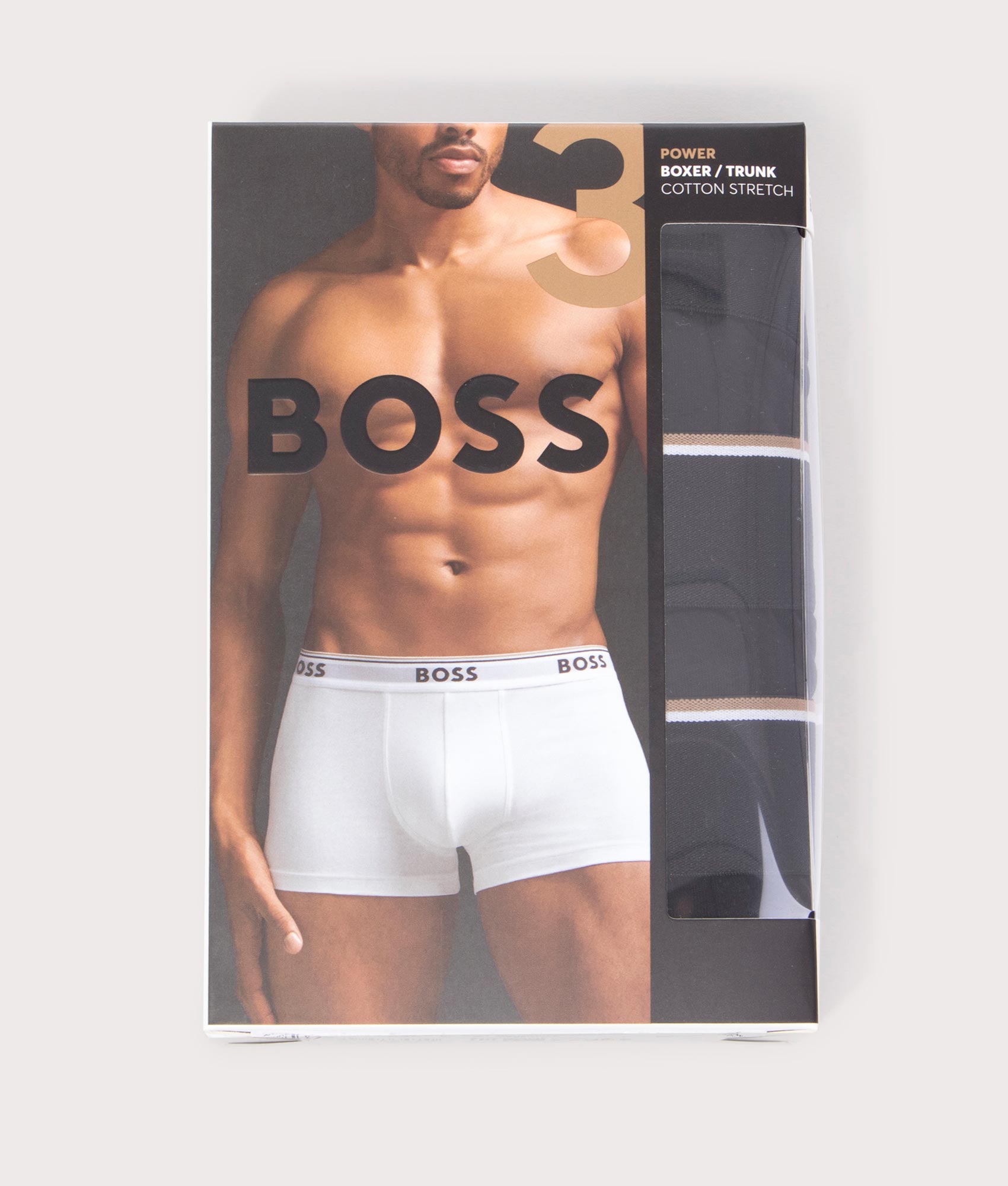 Boss Three Pack Regular Fit Power Trunks in Black at EQVVS Menswear. Packaging shot.