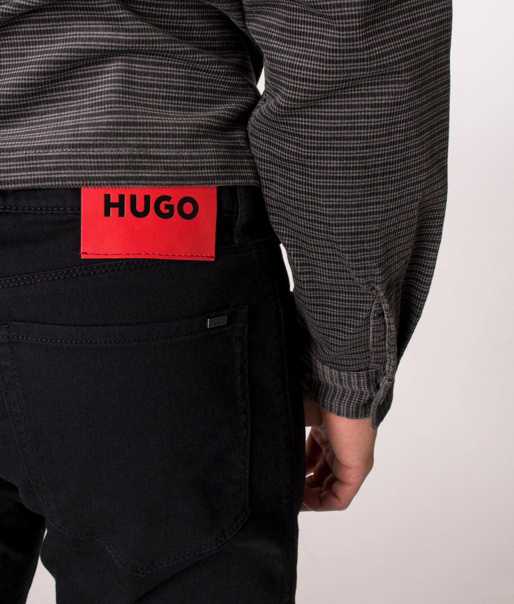 HUGO Slim Fit 708 Jeans, Black. EQVVS. Model, detail. 