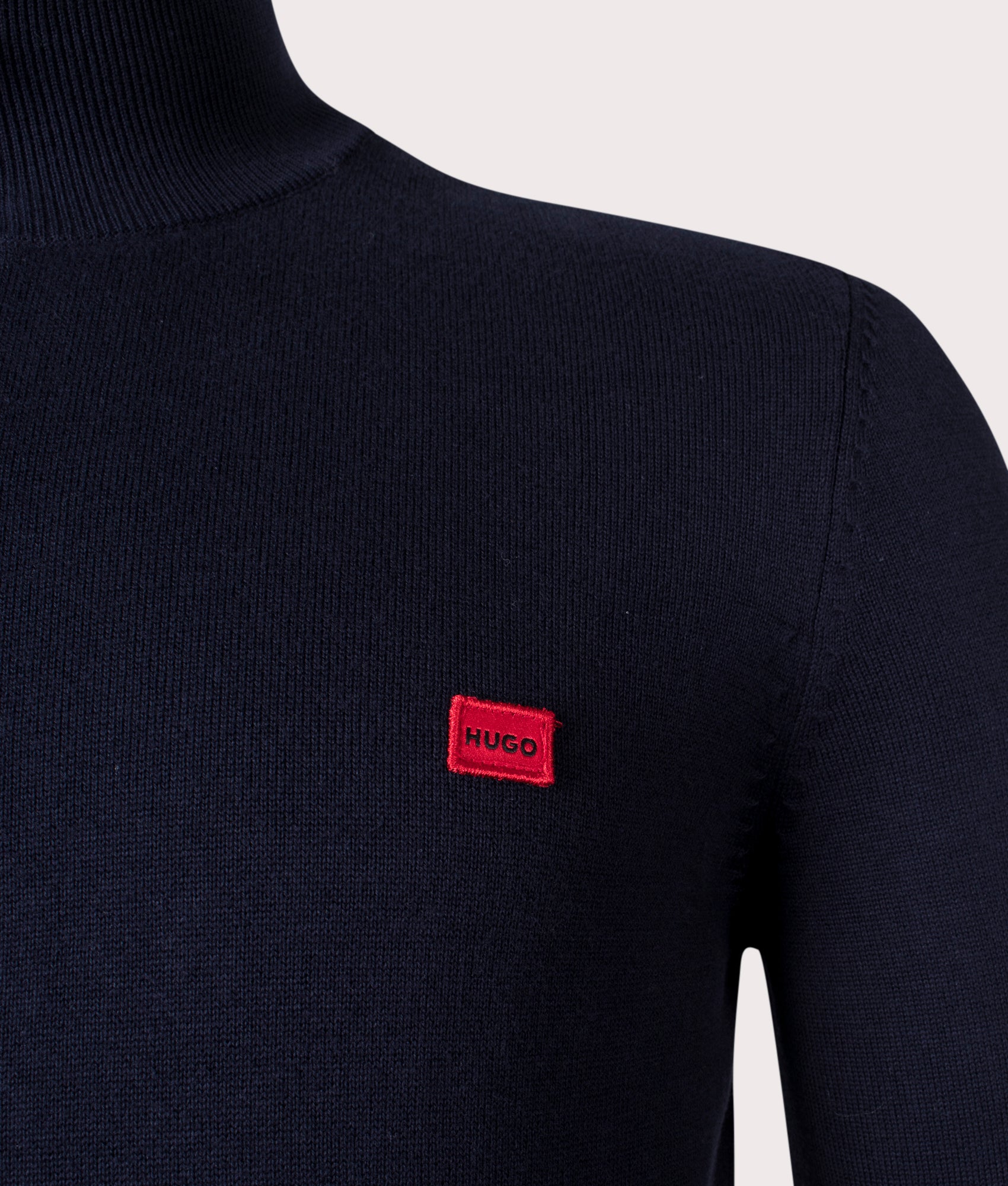 HUGO Quarter Zip Jumper in Navy, EQVVS. Mannequin, detail. 