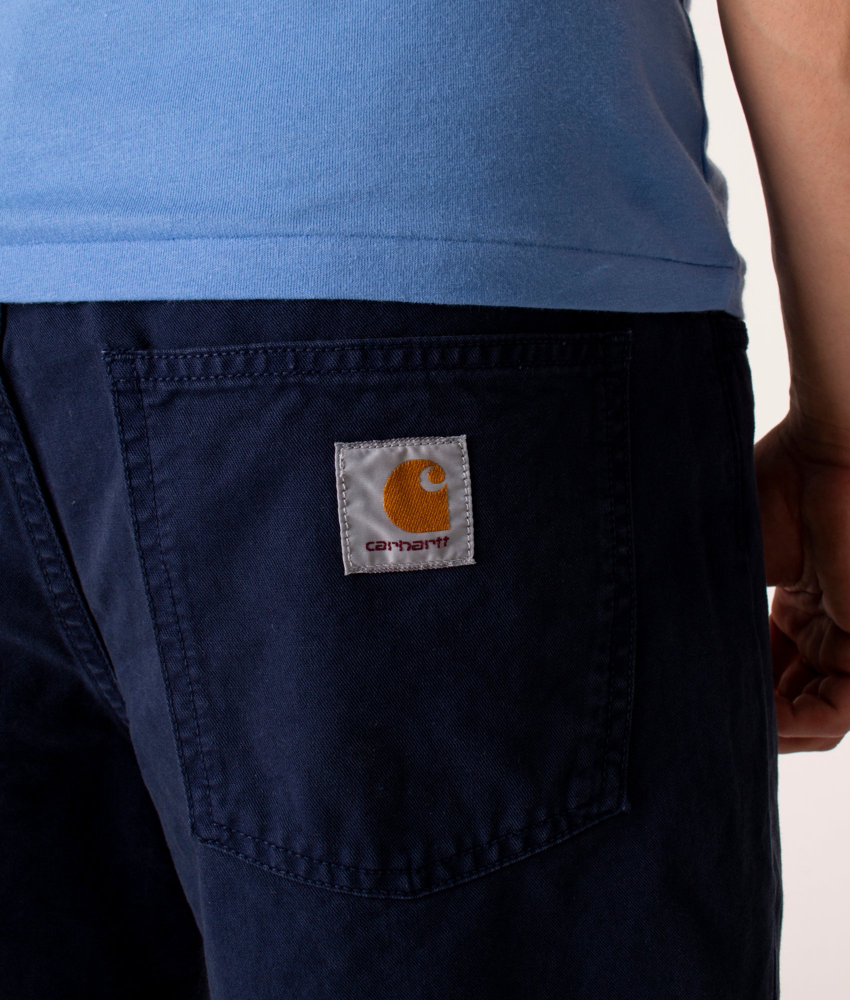 Carhartt WIP Newel Shorts in Blue at EQVVS. Detail Shot. 