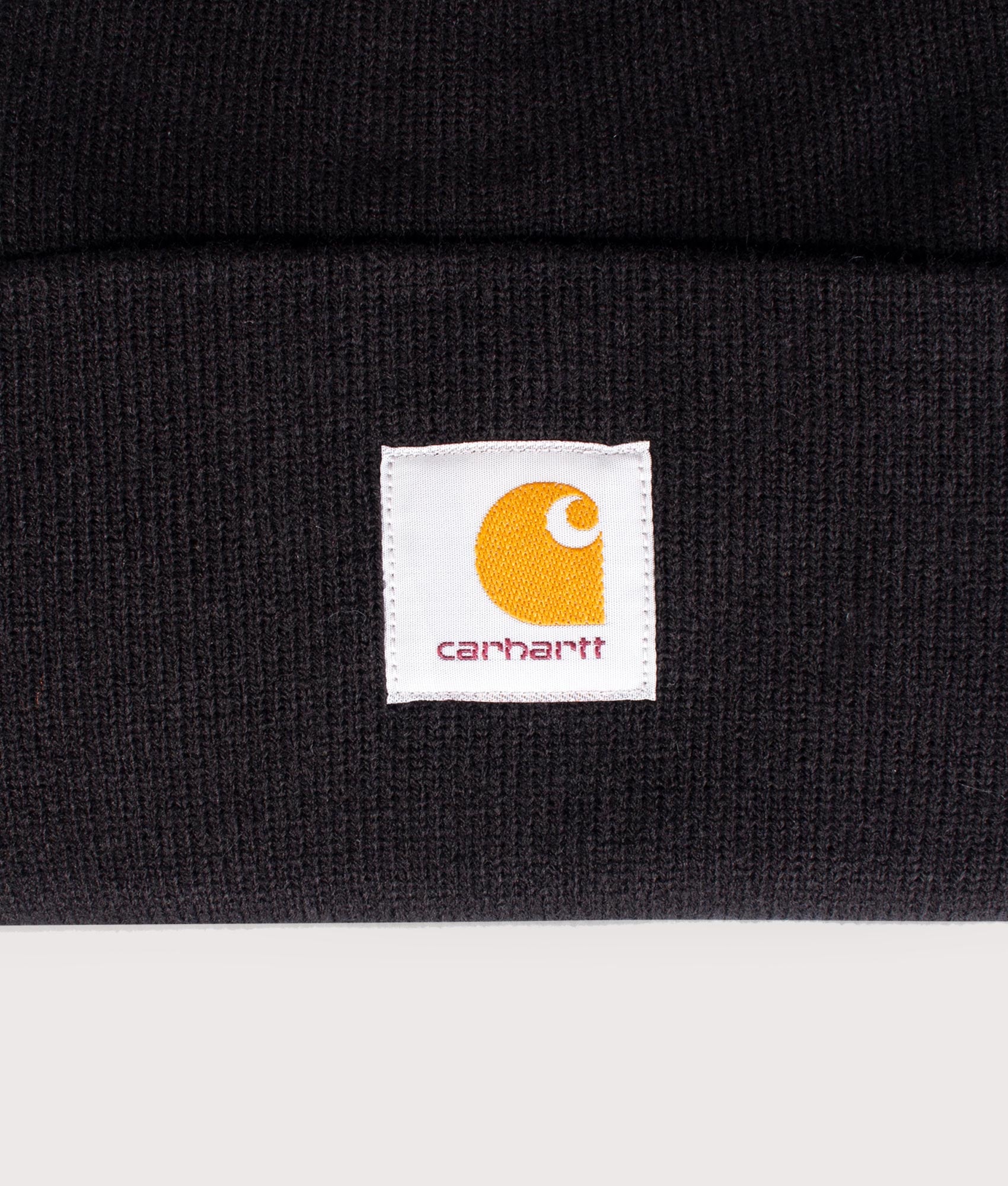 Carhartt WIP Acrylic Watch Hat in Black at EQVVS Menswear. Detail shot.