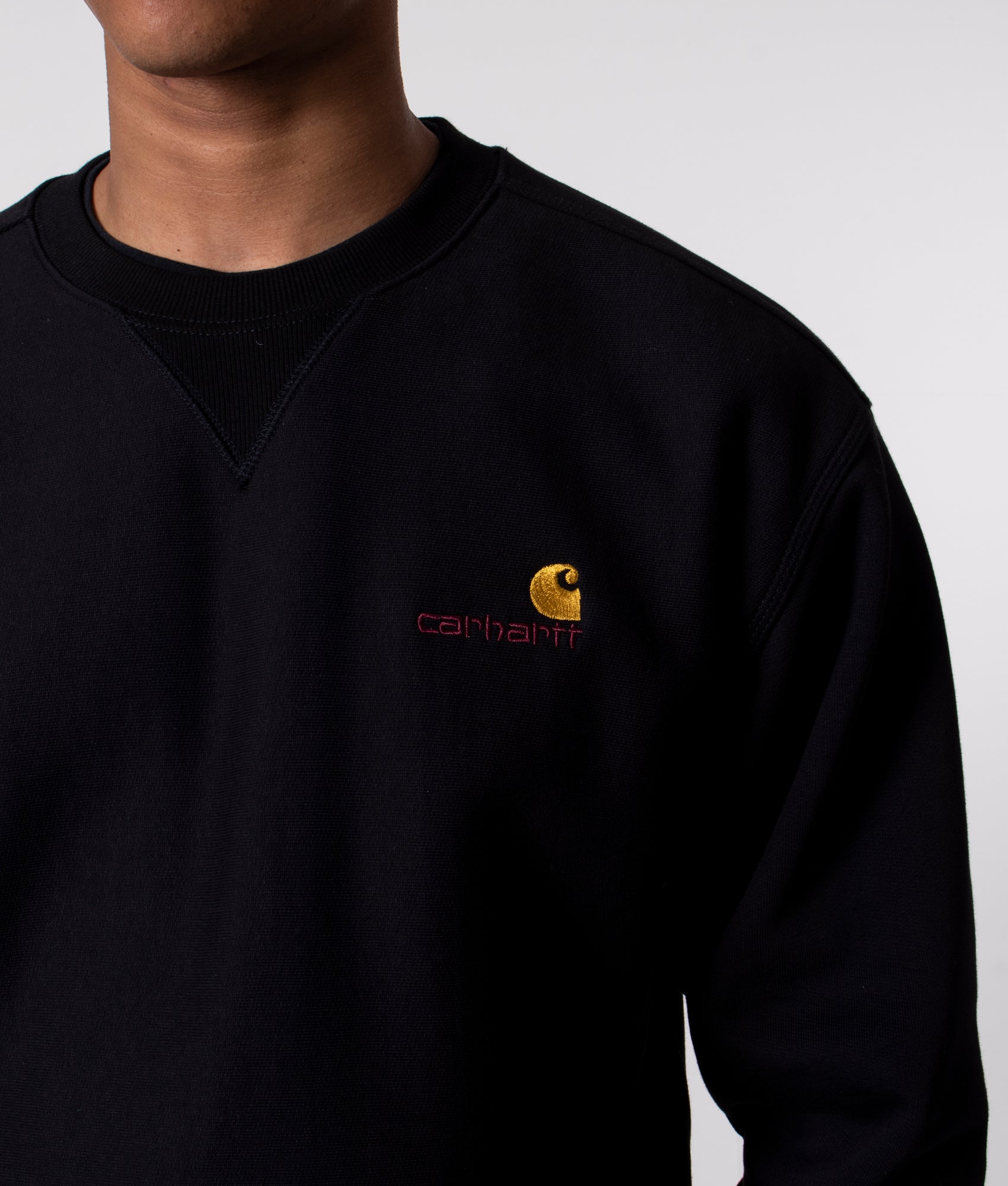 Carhartt WIP Relaxed Fit-American Script Sweatshirt in Black at EQVVS Menswear. Model detail shot.