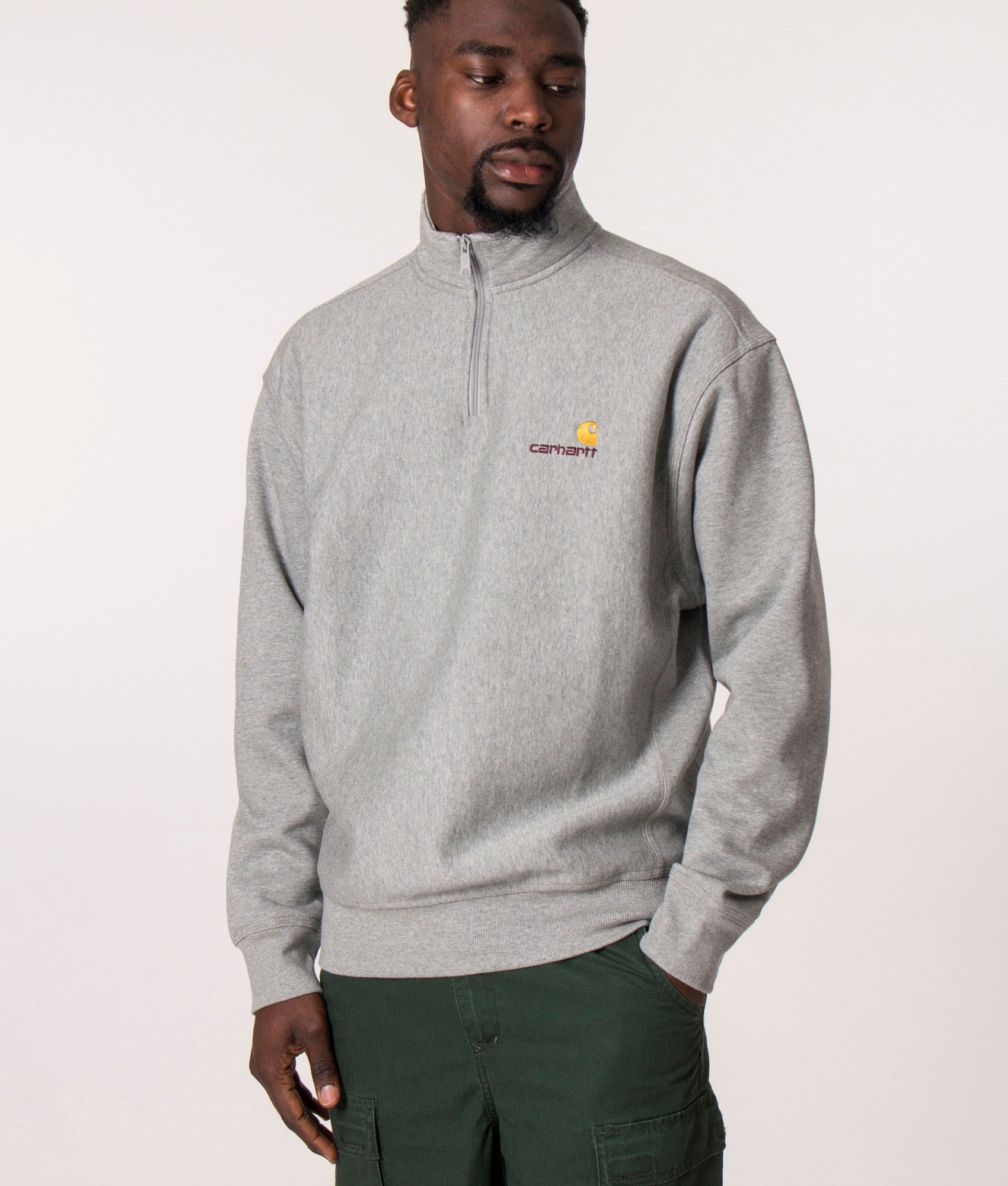 Relaxed-Fit-Quarter-Zip-American-Script-Sweatshirt-Grey-Heather-Carhartt-WIP-EQVVS