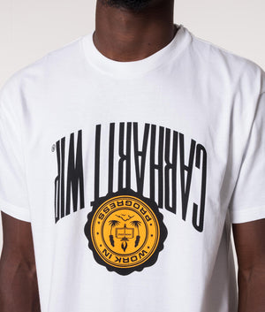 Carhartt WIP Upside Down T-Shirt in White at EQVVS. Detail shot. 