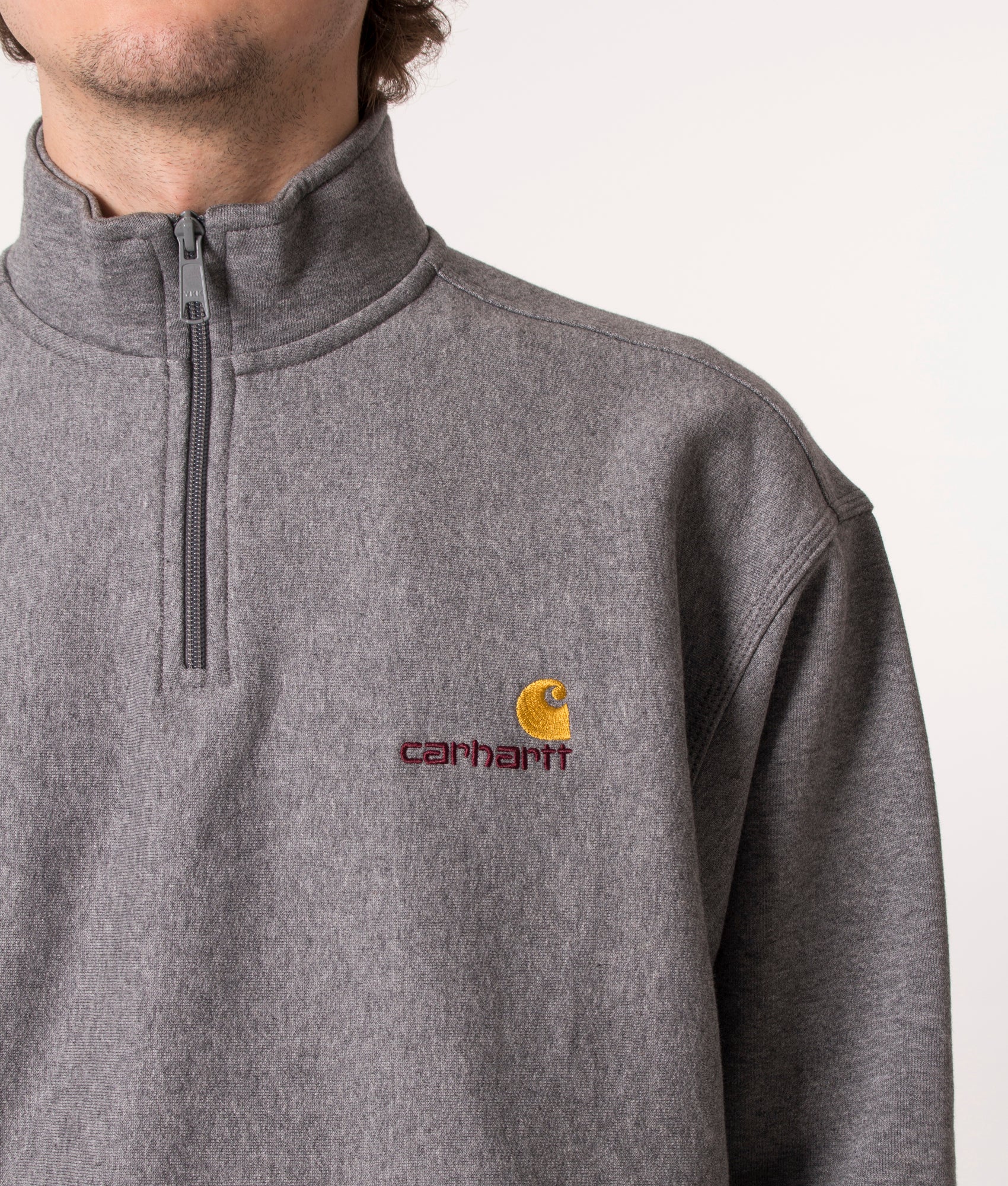 Relaxed-Fit-Quarter-Zip-American-Script-Sweatshirt-Dark-Grey-Heather-Carhartt-WIP-EQVVS