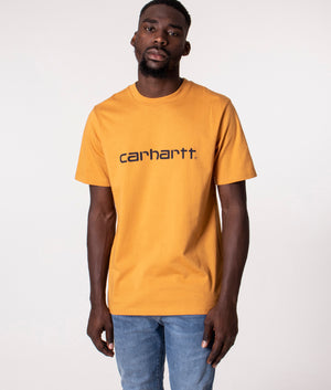 Script T-Shirt in Ochre/Navy by Carhartt WIP at EQVVS. Front shot.
