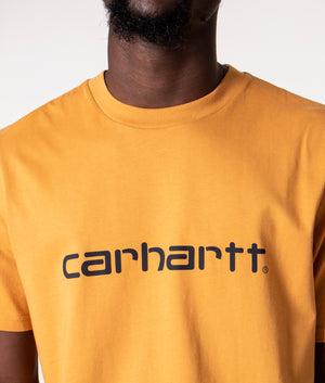 Script T-Shirt in Ochre/Navy by Carhartt WIP at EQVVS. Detail shot.