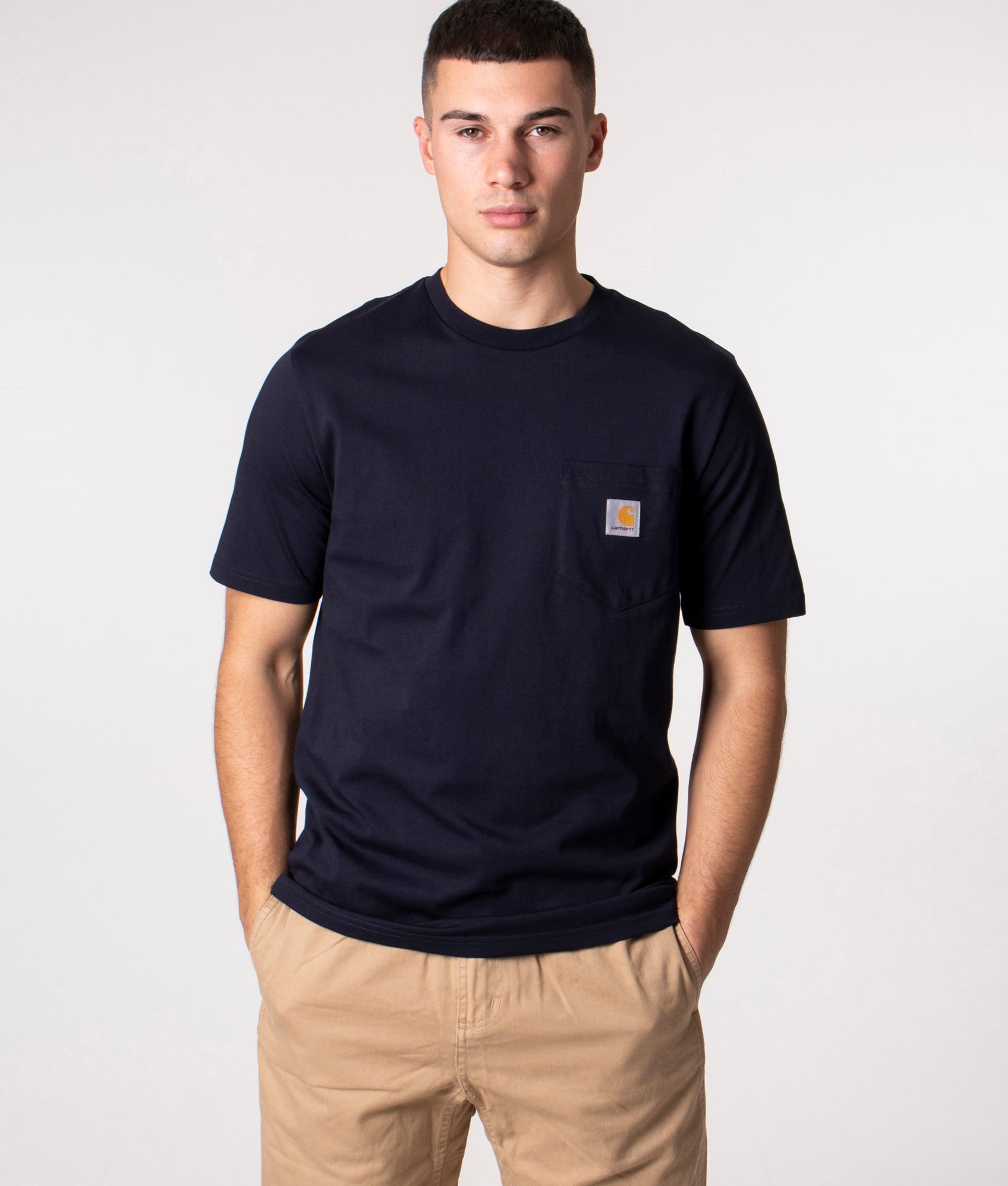 Pocket T-Shirt in Dark Navy by Carhartt WIP. EQVVS Front Angle Shot.