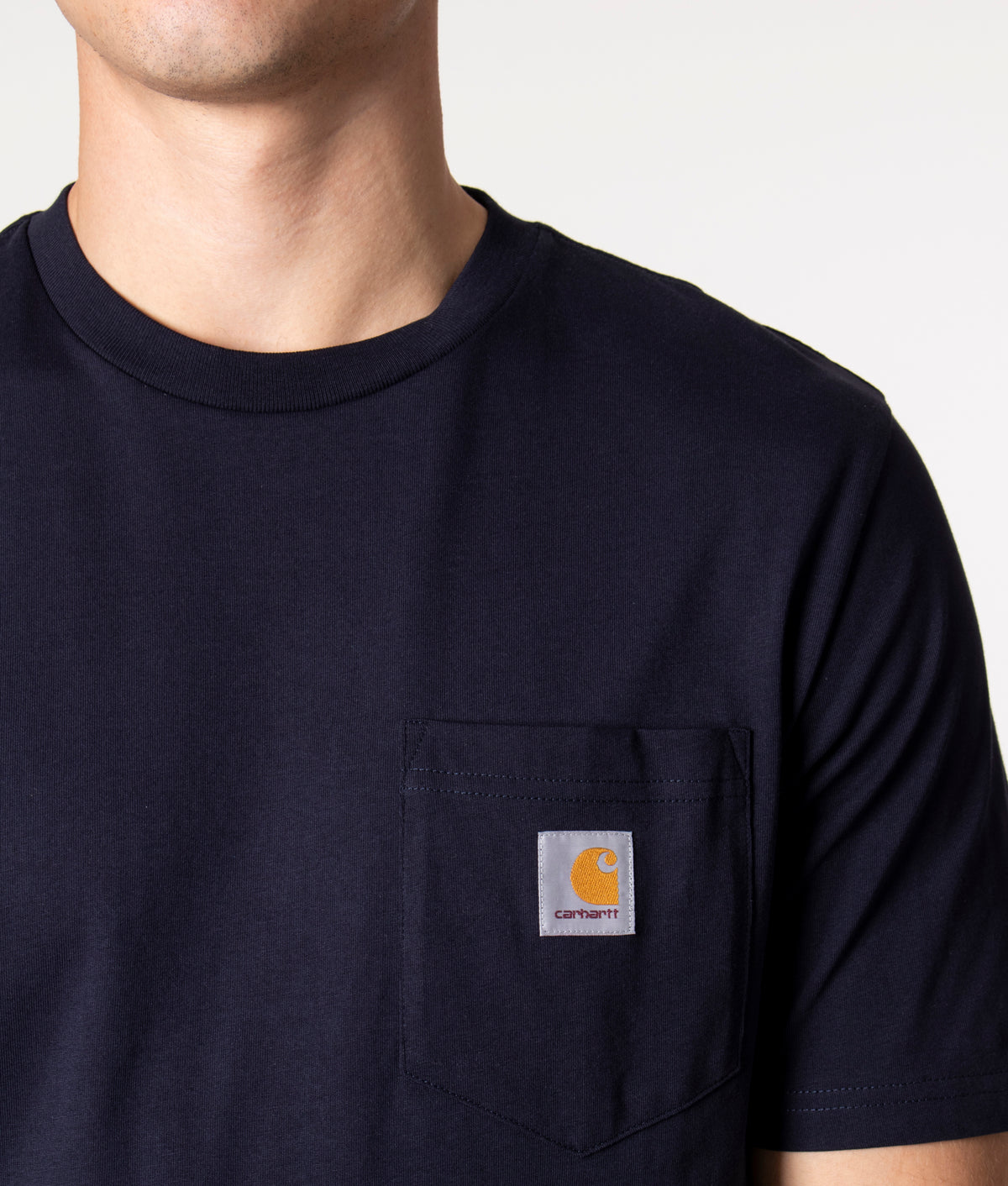 Pocket T-Shirt in Dark Navy by Carhartt WIP. EQVVS Detail Shot.