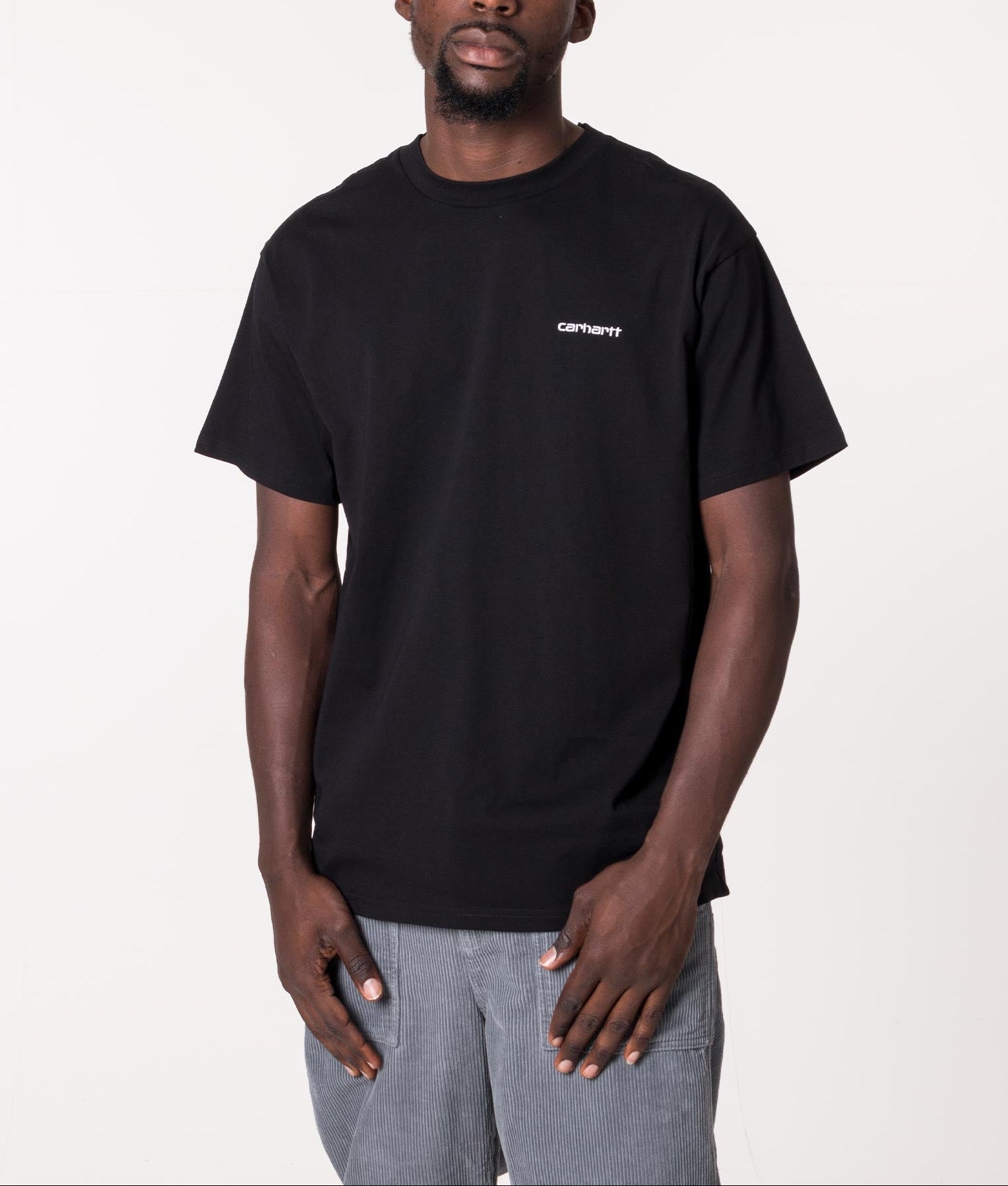 Carhartt WIP Loose Fit Script Embroidery T-Shirt in Black at EQVVS Menswear. Model front Shot. 