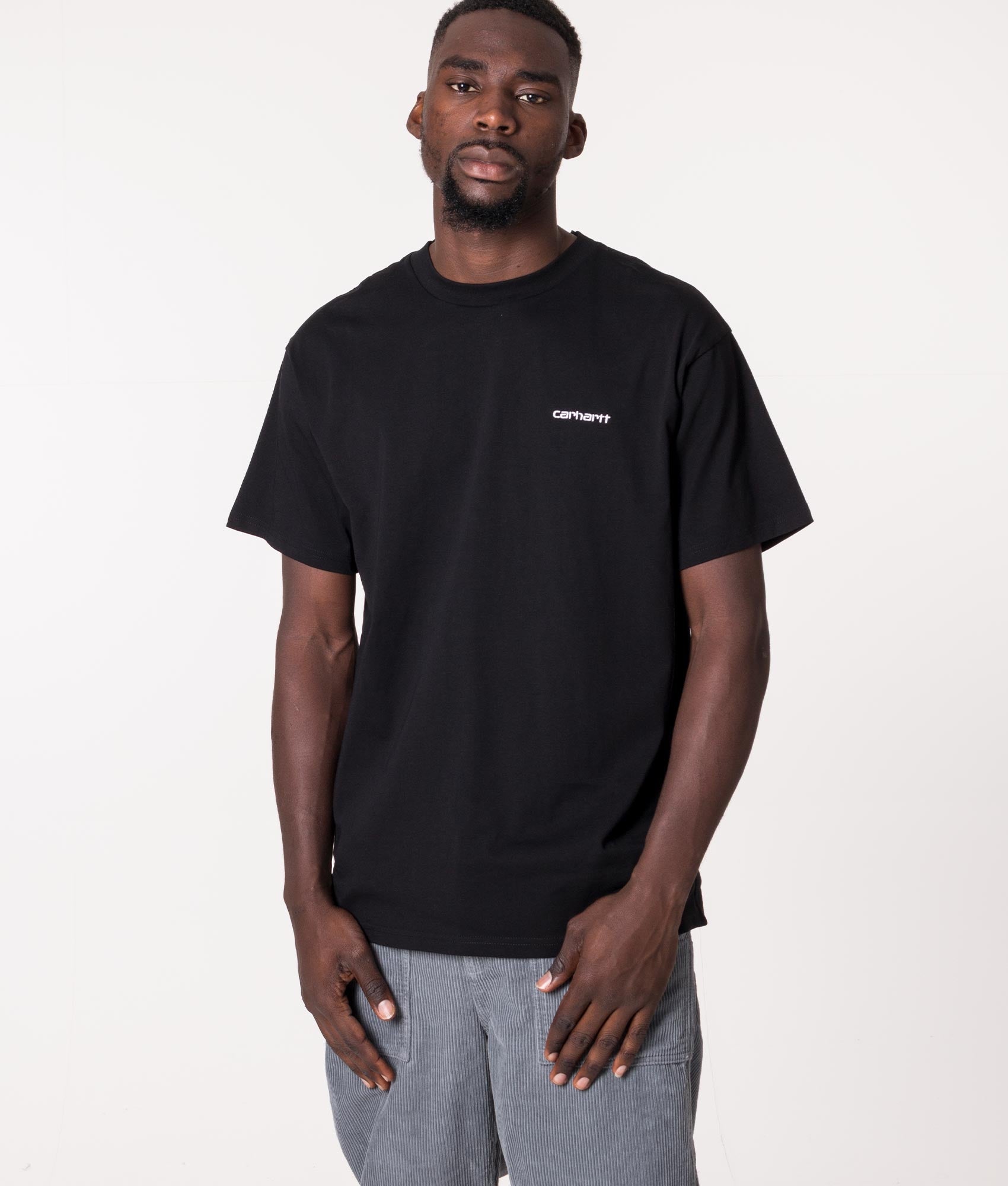 Carhartt WIP Loose Fit Script Embroidery T-Shirt in Black at EQVVS Menswear. Model front Shot. 