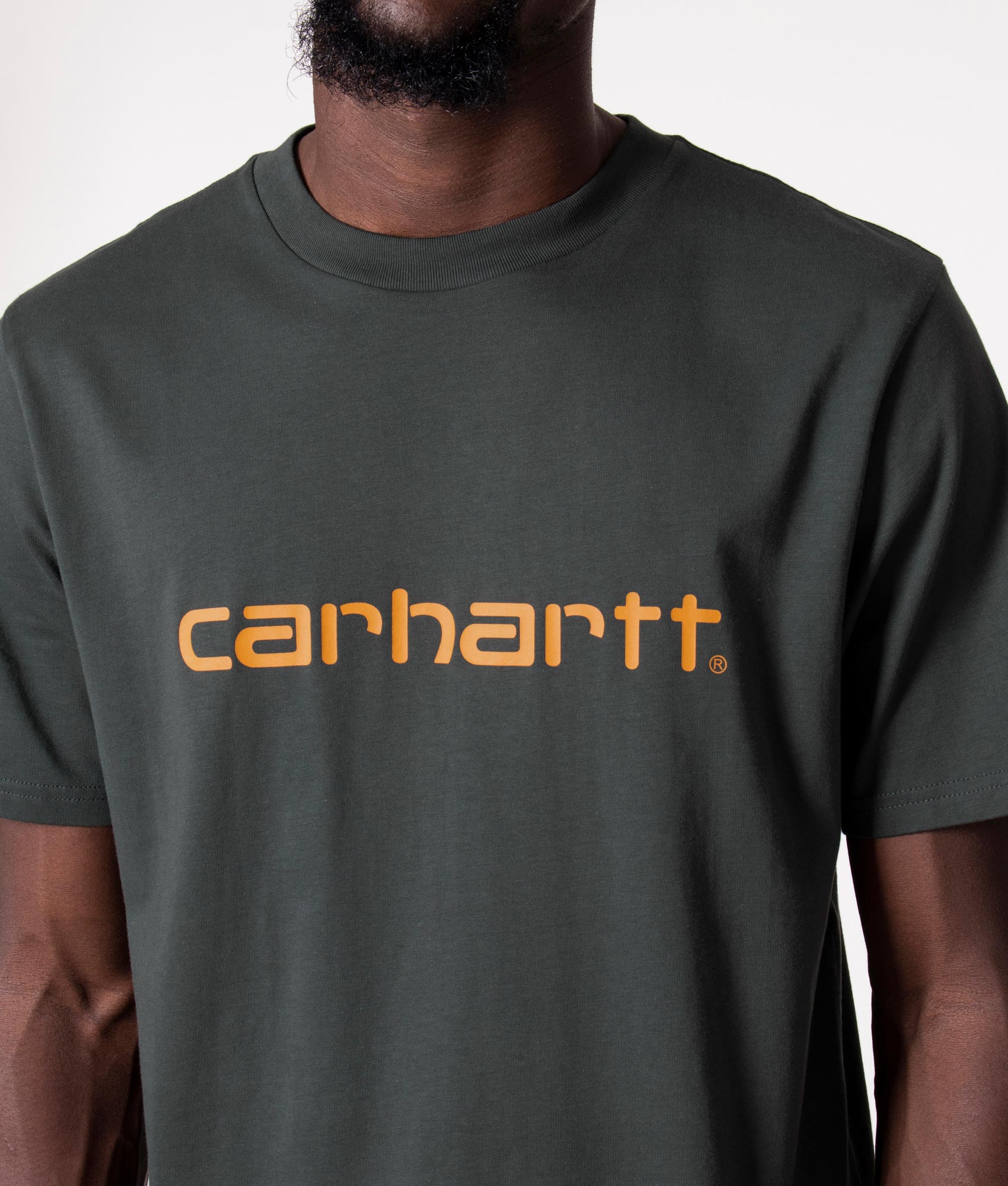 Script T-Shirt in Khaki by Carhartt WIP at EQVVS. Detail Shot. 
