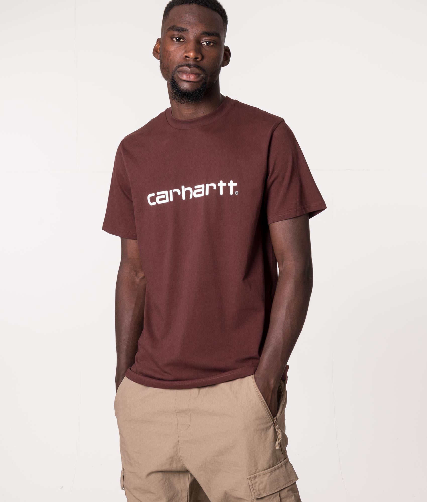 Carhartt WIP Script T-shirt in burgundy at EQVVS. Front shot. 