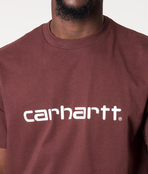 Carhartt WIP Script T-shirt in burgundy at EQVVS. Detail shot. 