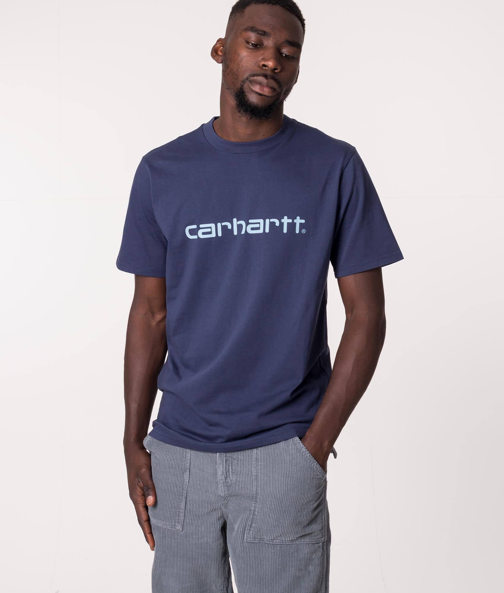 Carhartt WIP Script T-Shirt in Blue at EQVVS. Front shot. 
