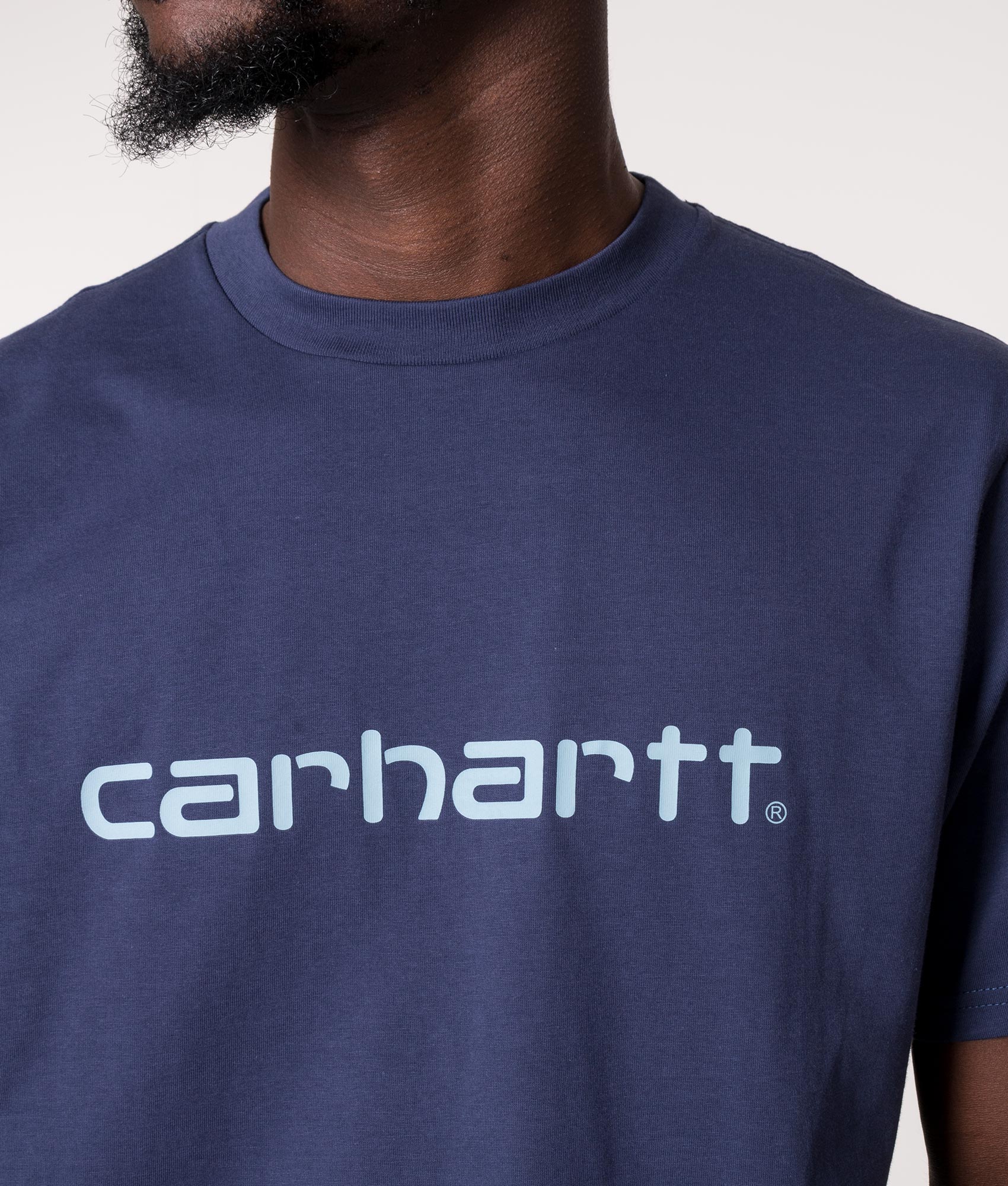 Carhartt WIP Script T-Shirt in Blue at EQVVS. Detail shot. 