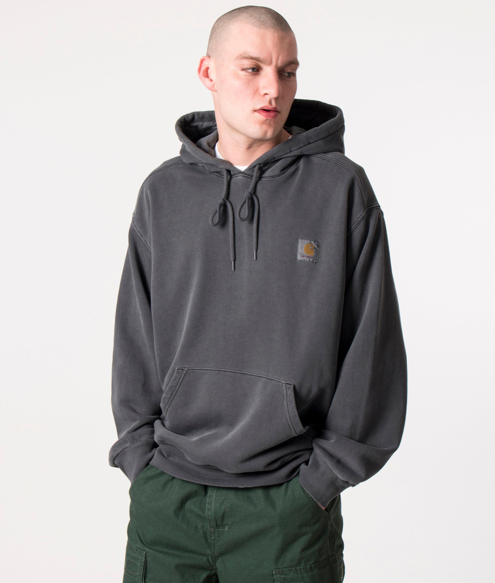 Carhartt WIP Oversized Nelson Hoodie  in Black at EQVVS Menswear. Model shot.