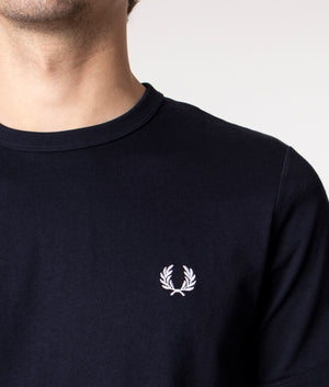 Fred Perry Ringer T-Shirt in Navy at EQVVS. Detail Shot. 