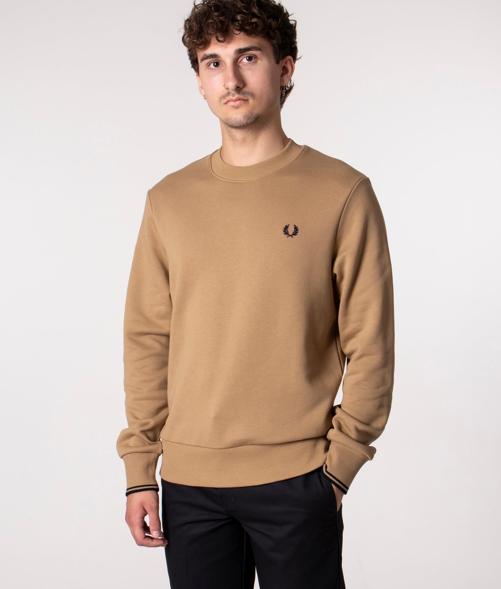 Fred Perry Crew Neck Sweatshirt in Warm Stone at EQVVS. Front Shot. 