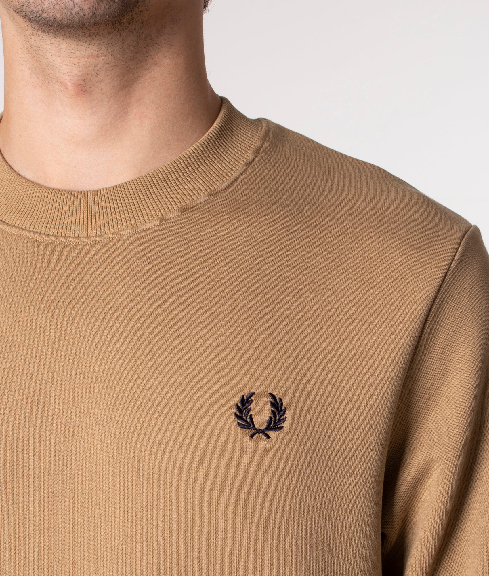 Fred Perry Crew Neck Sweatshirt in Warm Stone at EQVVS. Detail Shot. 