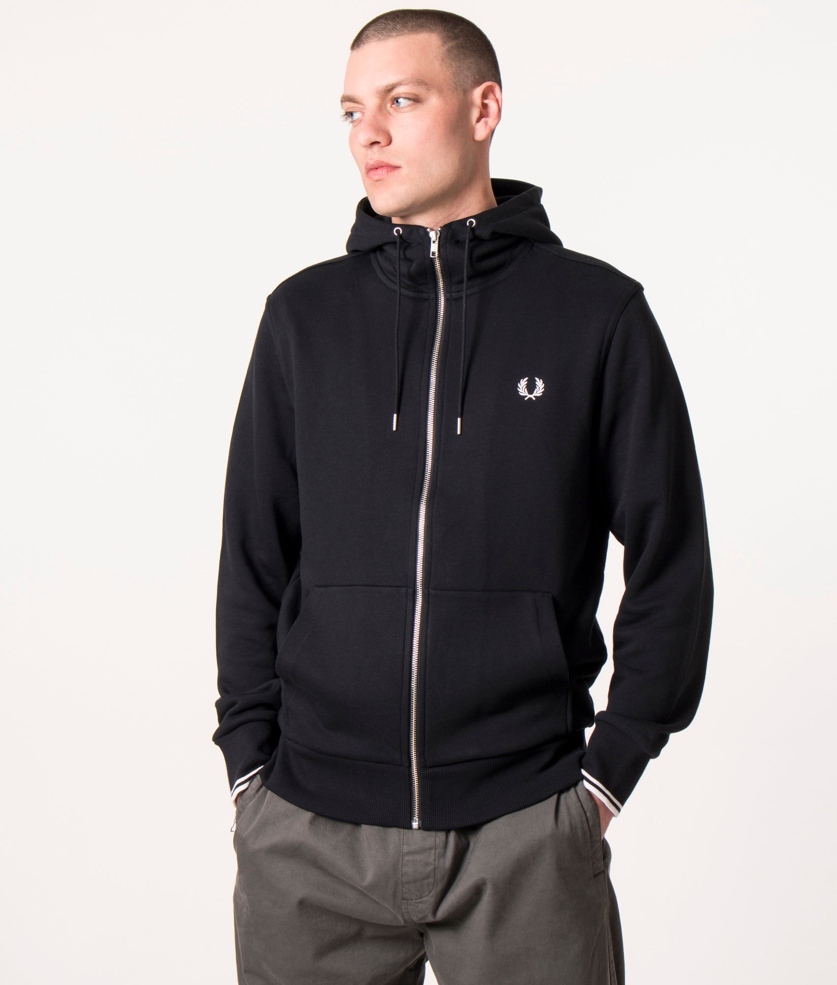 Fred Perry Zip Through Contrast Tipped Hoodie in Core Black at EQVVS Menswear. Model front shot.