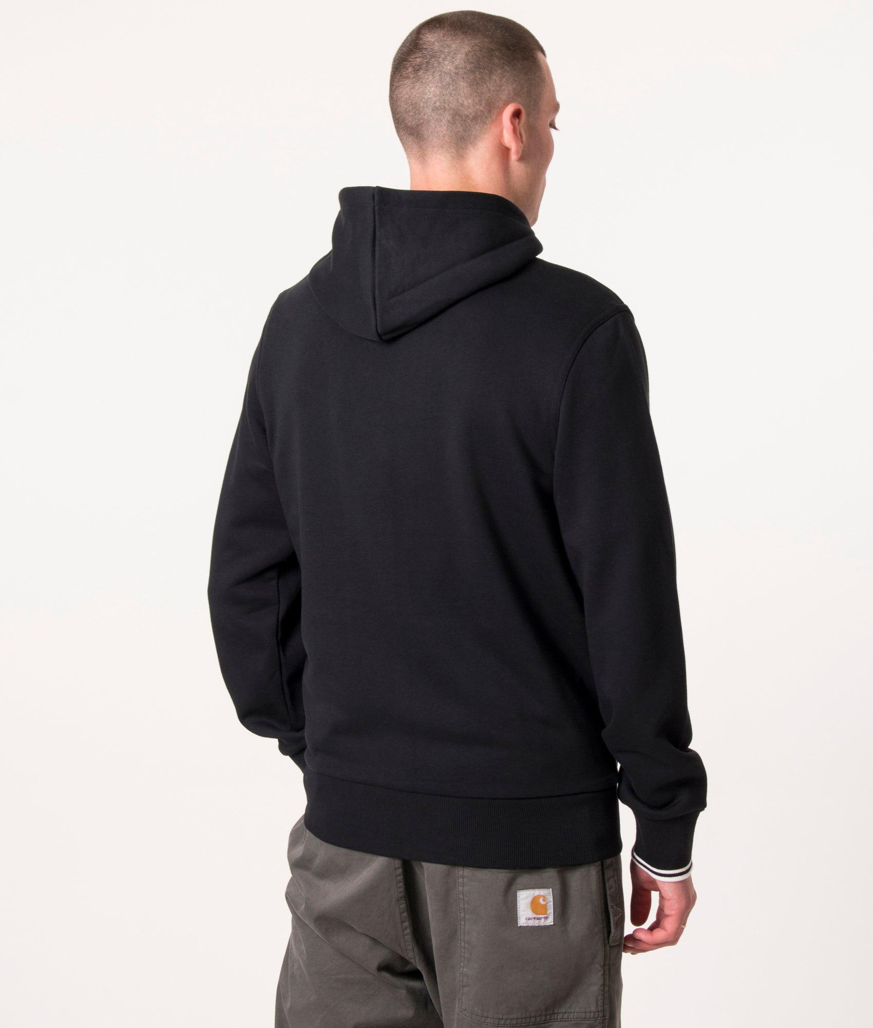 Fred Perry Zip Through Contrast Tipped Hoodie in Core Black at EQVVS Menswear. Model Back shot.