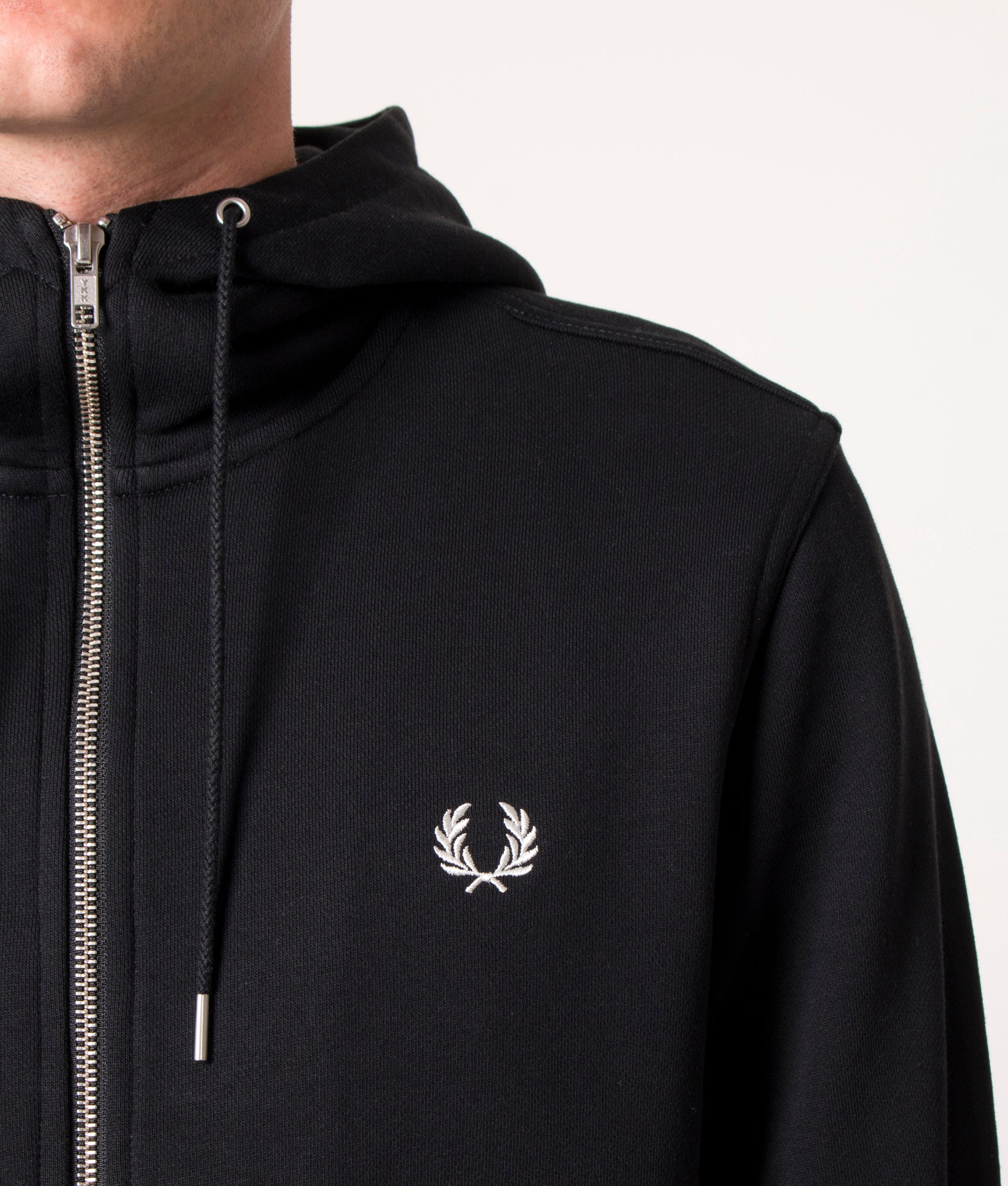 Fred Perry Zip Through Contrast Tipped Hoodie in Core Black at EQVVS Menswear. Detail shot.