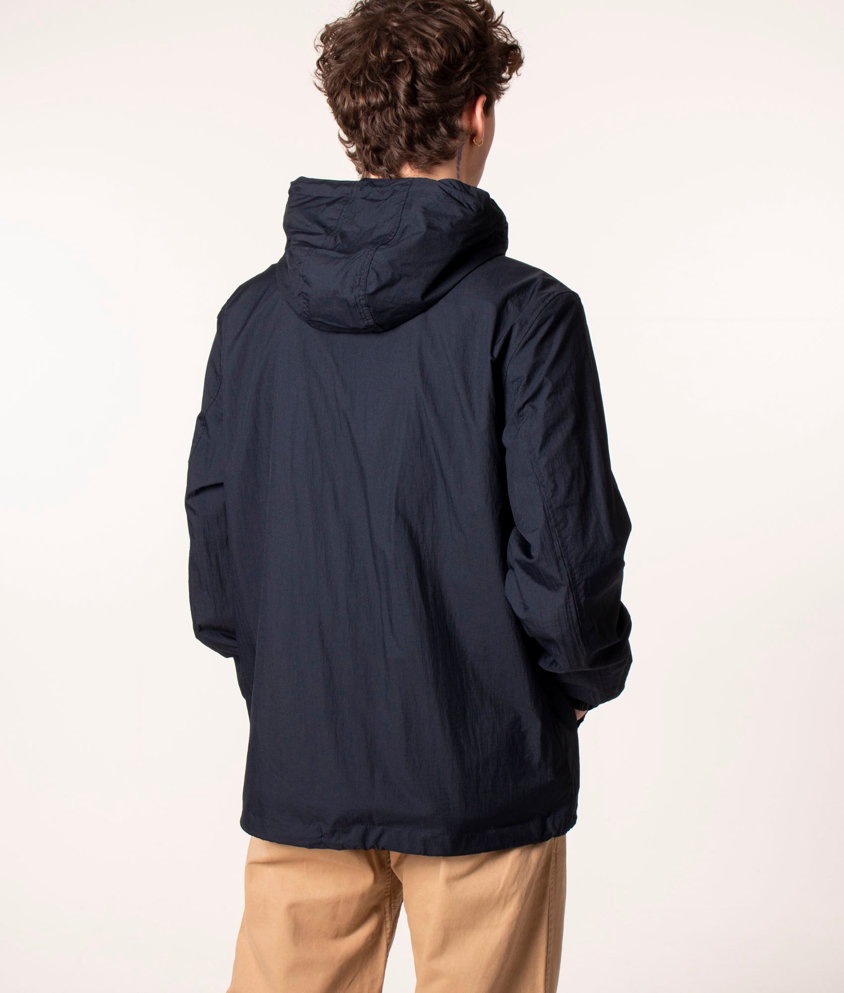 Fred Perry Half Zip Hooded Cagoule in Navy at EQVVS. Model, Back. 