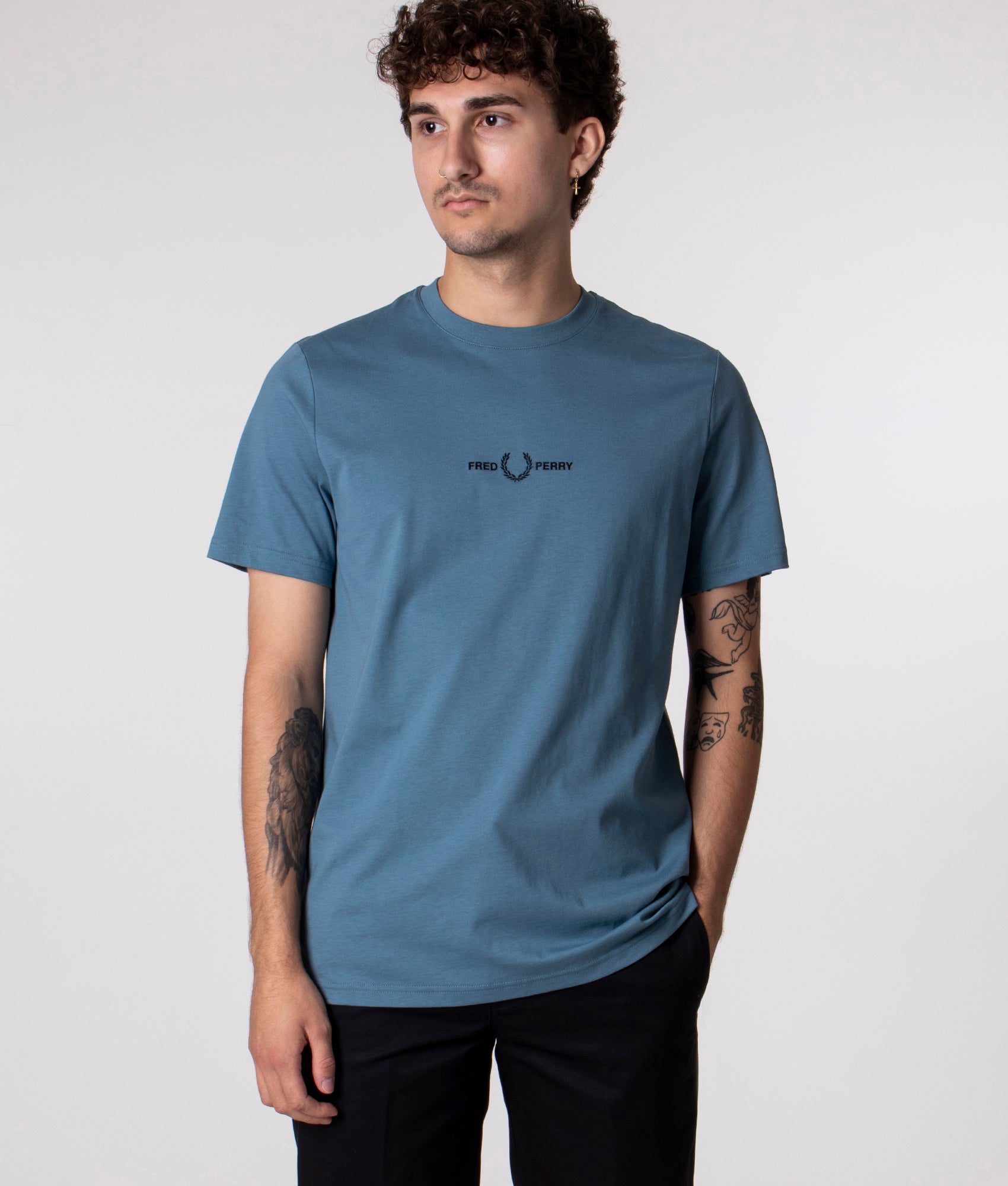 Fred Perry Embroidered T-Shirt in Ash Blue at EQVVS. Front Shot. 