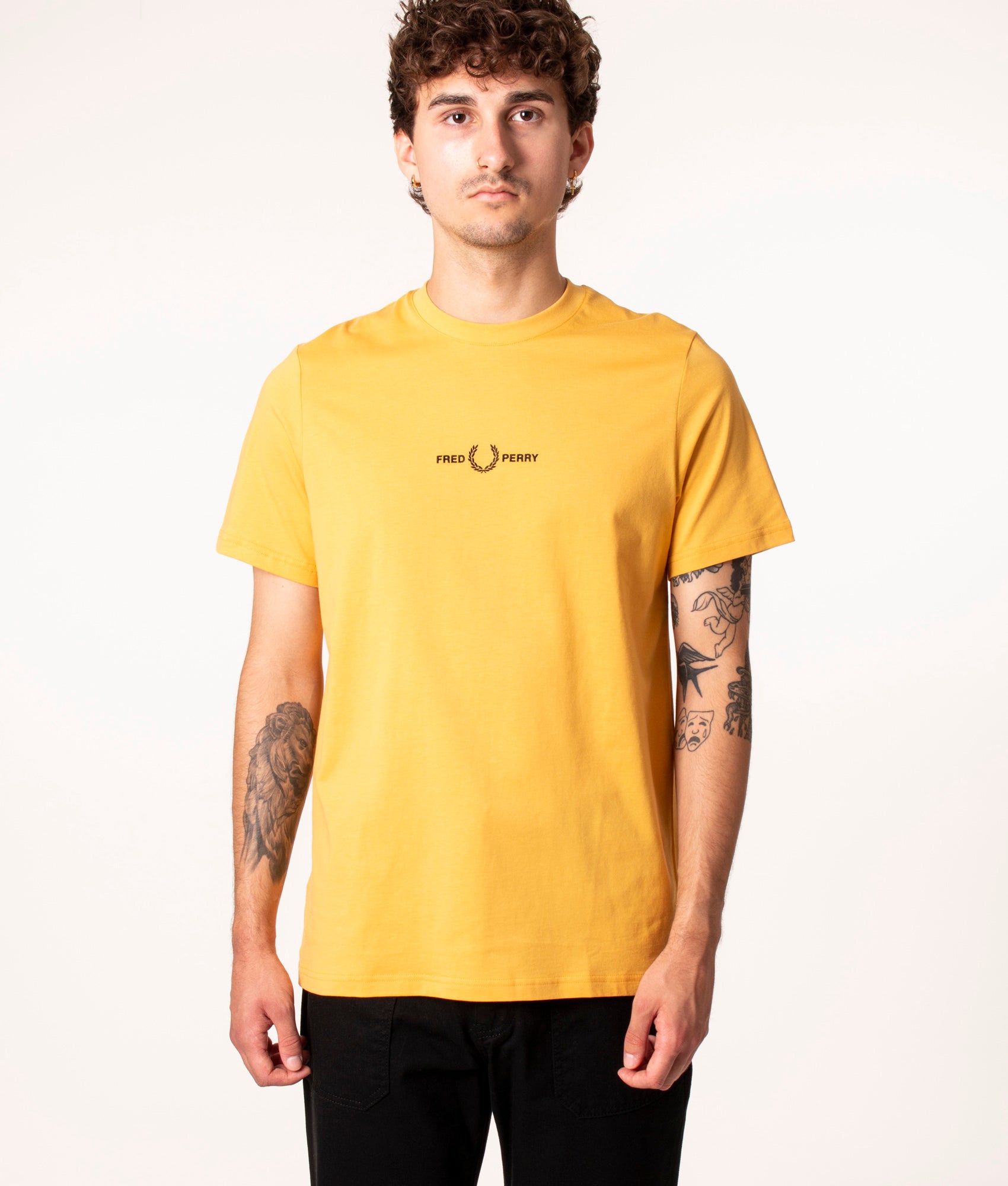 Fred Perry Embroidered T-Shirt in Yellow at EQVVS. Front Shot. 